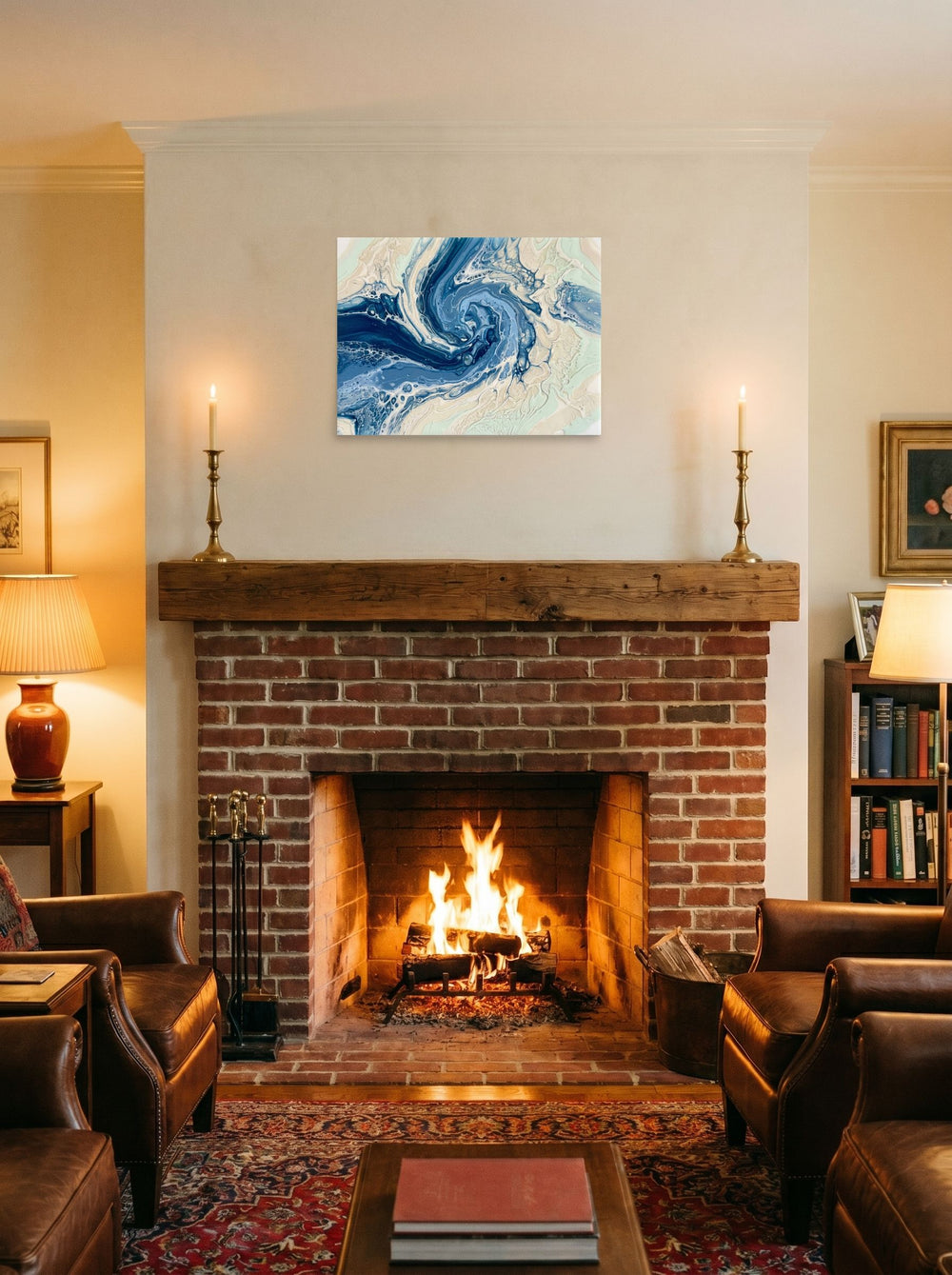 A 24x18 inch unframed paper Abstract art print of 'Ocean Whirlpool' displayed above a fireplace.