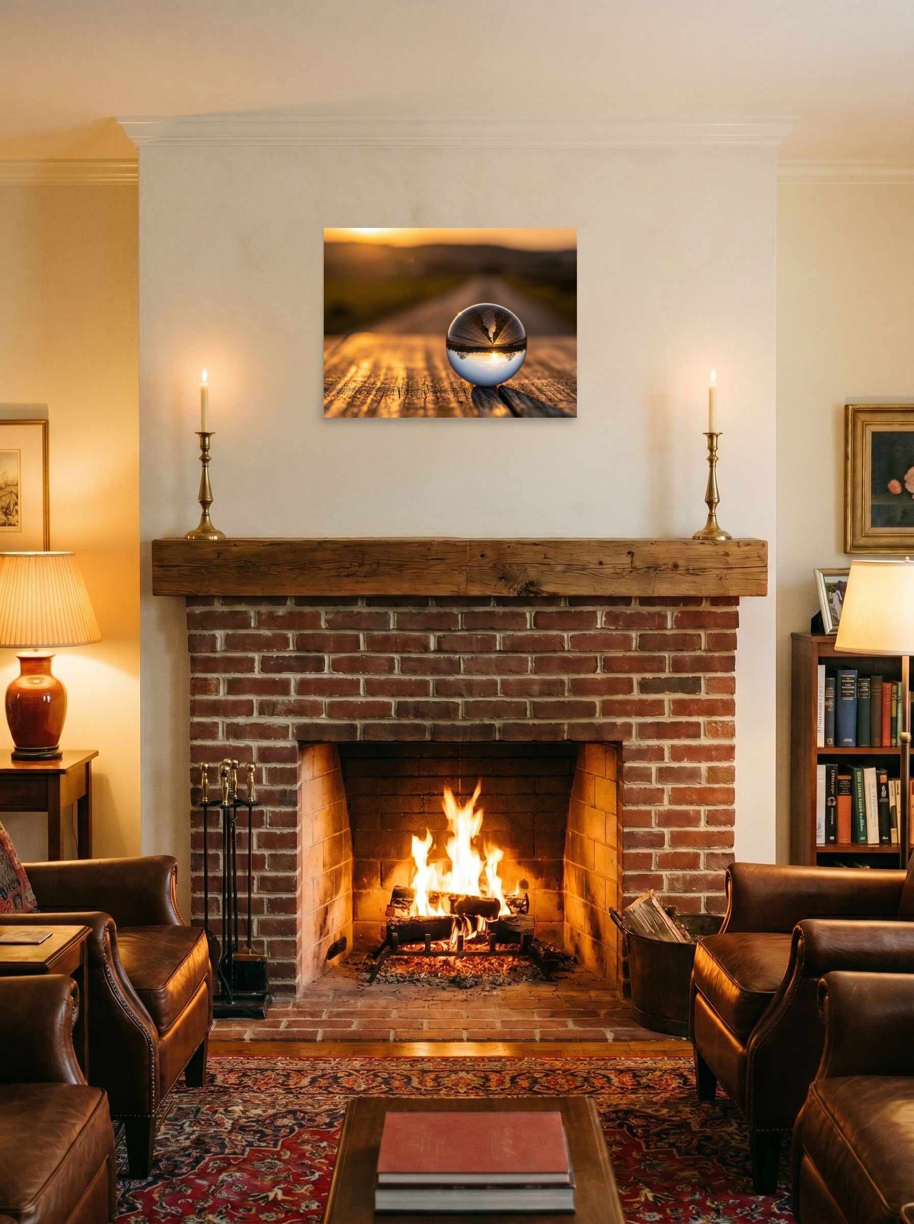 A 24x18 inch unframed paper Surrealism print of 'Inverted Sunset' displayed above a fireplace.