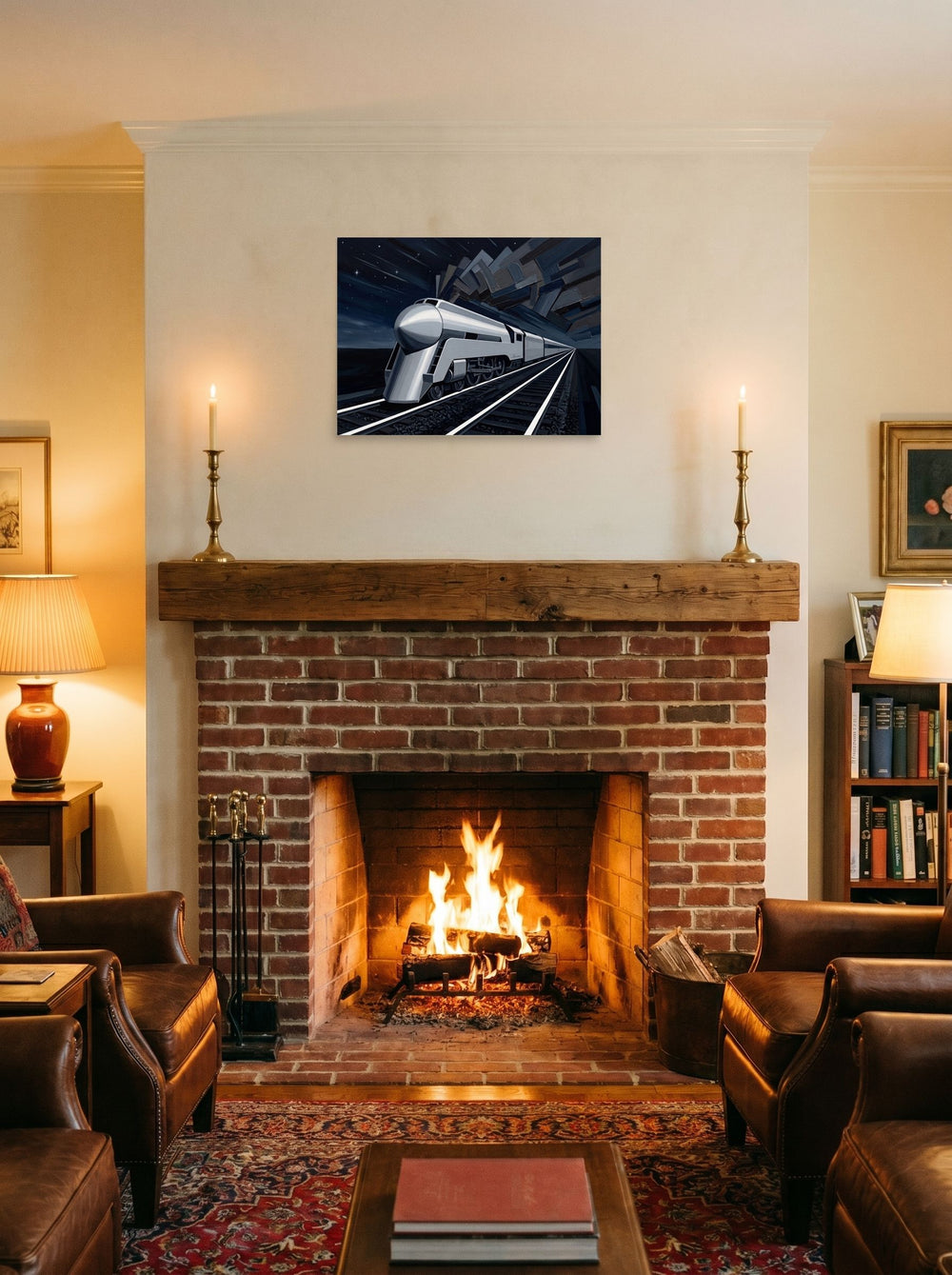 A 24x18 inch unframed paper Art Deco print of 'Midnight Express' displayed above a fireplace.