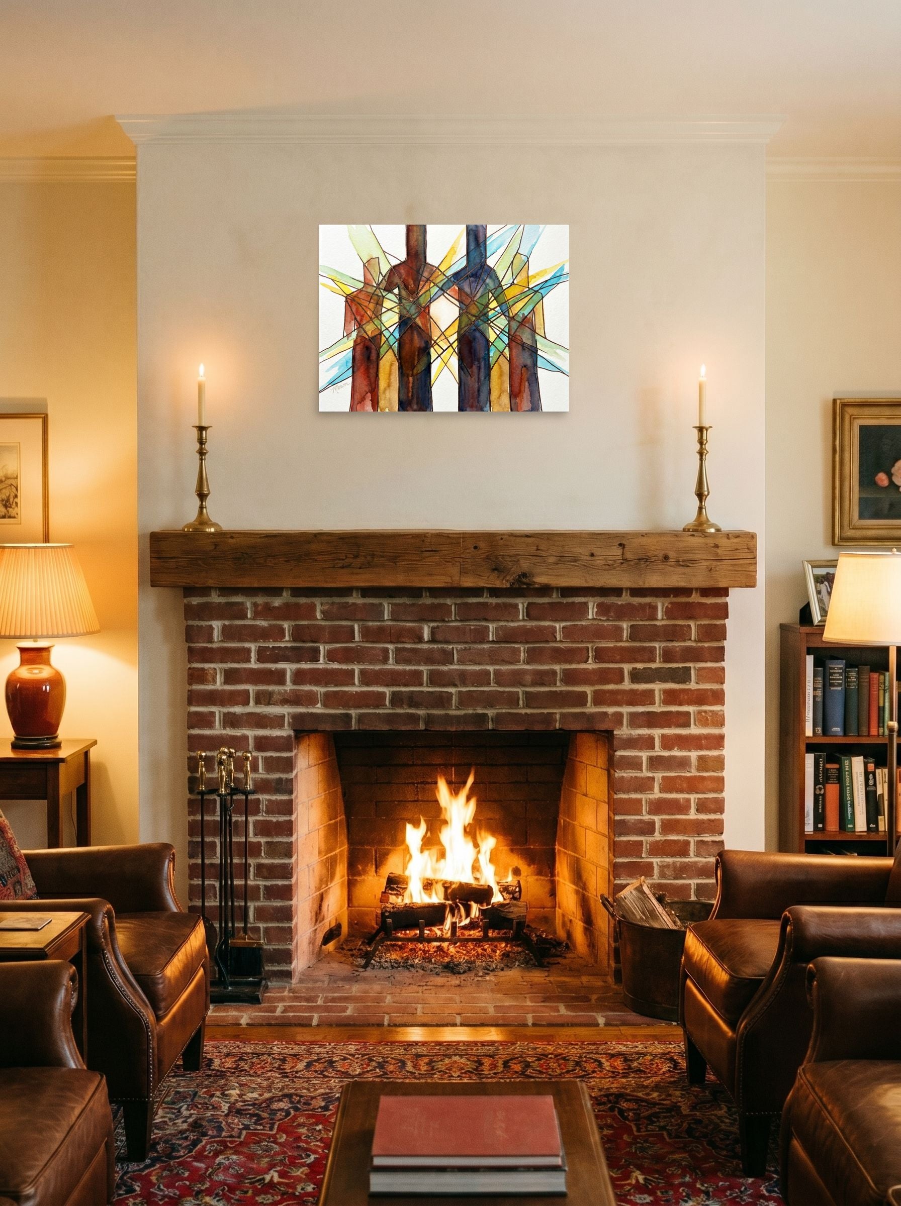 A 24x18 inch unframed paper Geometric abstract art print of 'Twin Babies Diptych' displayed above a fireplace.
