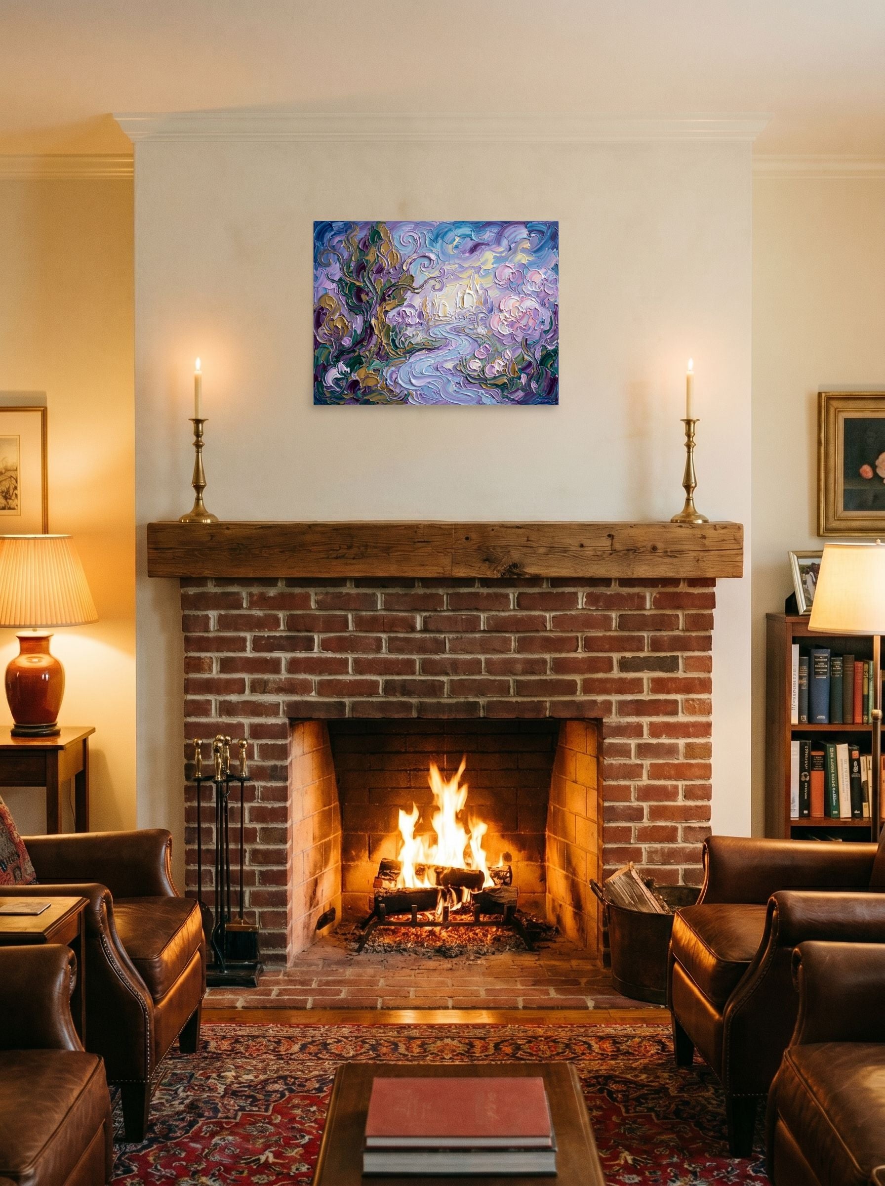 A 24x18 inch unframed paper Post-Impressionism print of 'Lavender Dreamscape' displayed above a fireplace.