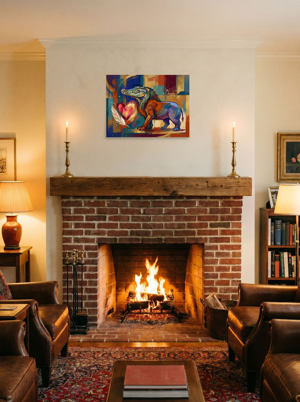 The unframed paper print 'Ammit and the Feather' hung over a fireplace as a focal point, shown at 24x18 inch.