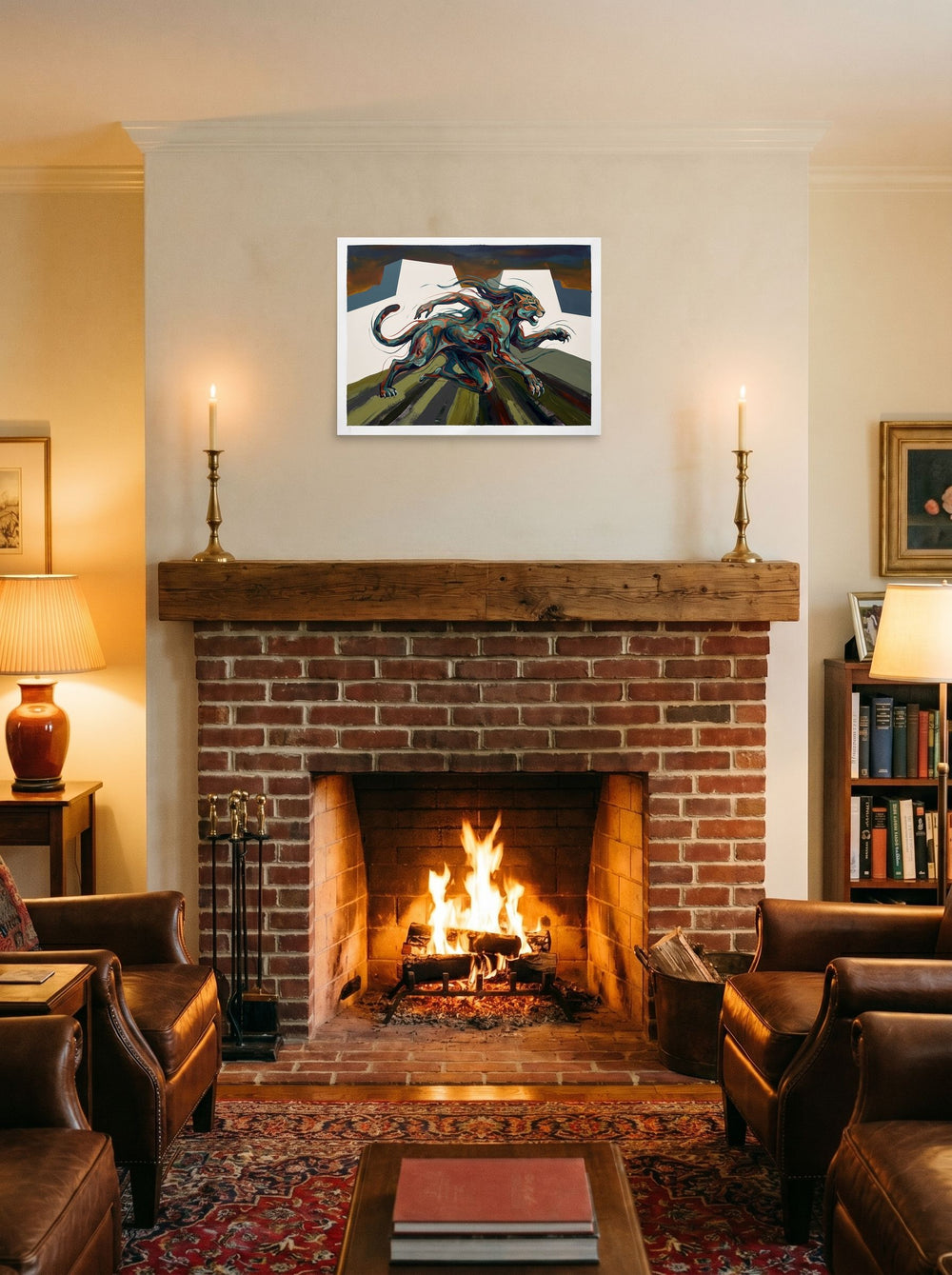 A 24x18 inch unframed paper Expressionism print of 'Jaguar Spirit Bounds', hung over a fireplace as a focal point.
