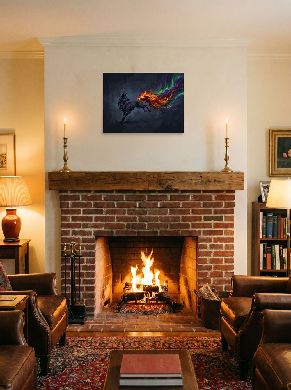 See 'The Spirit Fox' as a unframed paper print (24x18 inch), hung over a fireplace as a focal point.