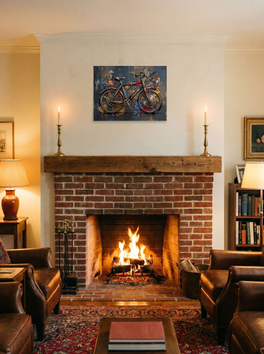 'Mechanical Cadence', a Dau-al-Set print displayed above a fireplace. Shown as unframed paper, 24x18 inch.