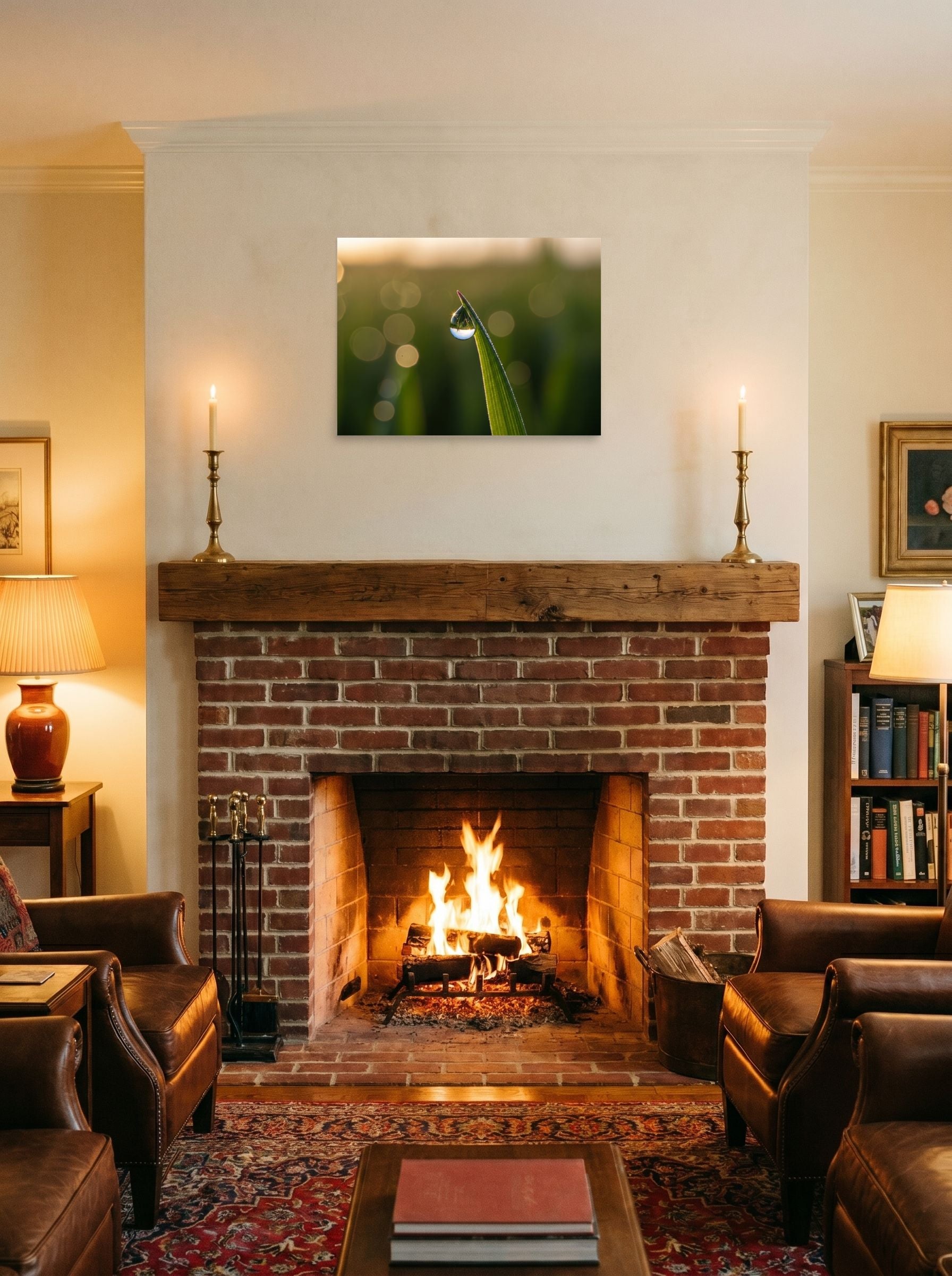 A 24x18 inch unframed paper Art photography print of 'World in a Drop' displayed above a fireplace.