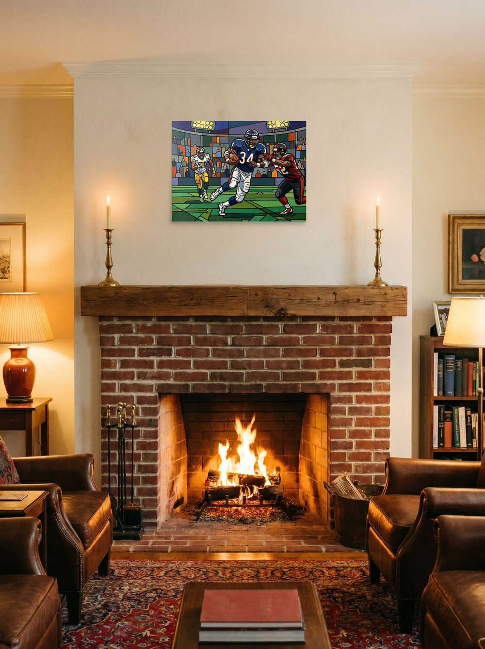 A 24x18 inch unframed paper Cloisonnism print of 'The Breakaway Run' displayed above a fireplace.