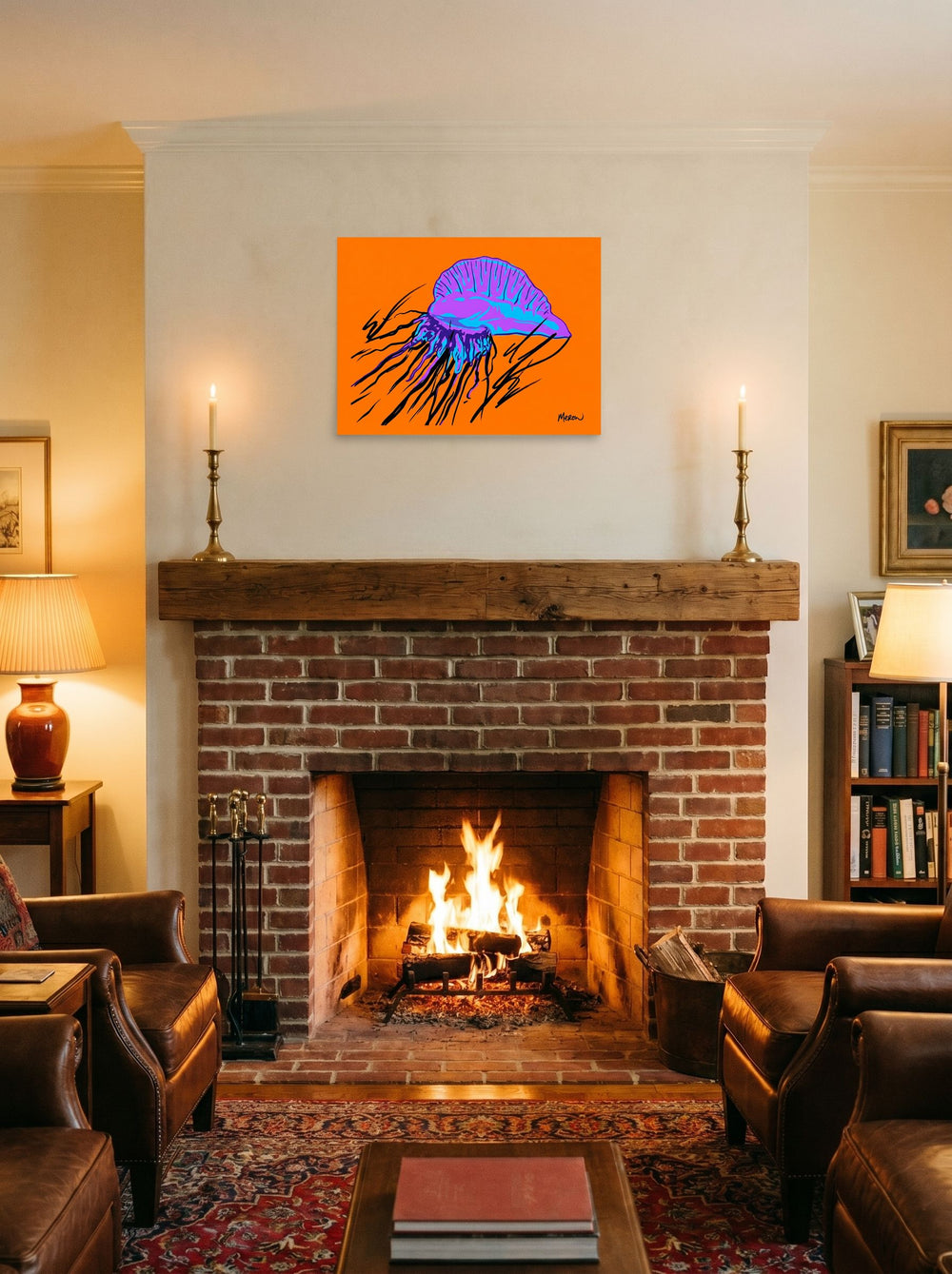 A 24x18 inch unframed paper Pop art print of 'Neon Man o' War' displayed above a fireplace.