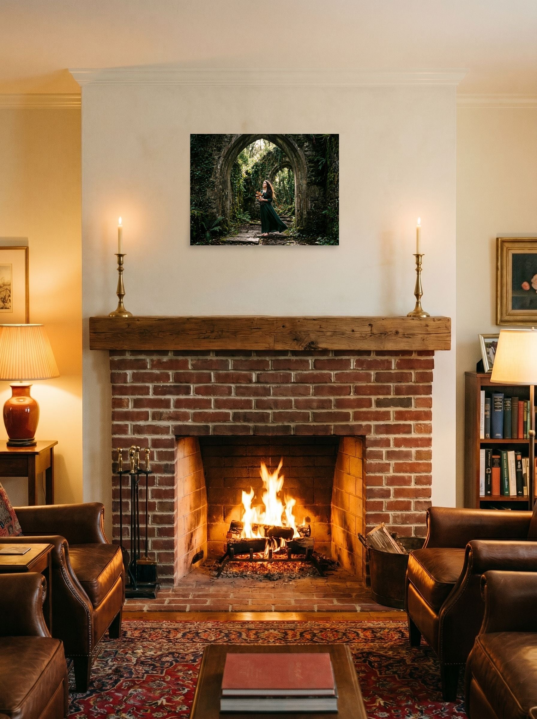 A 24x18 inch unframed paper Art photography print of 'The Forest Guardian' displayed above a fireplace.