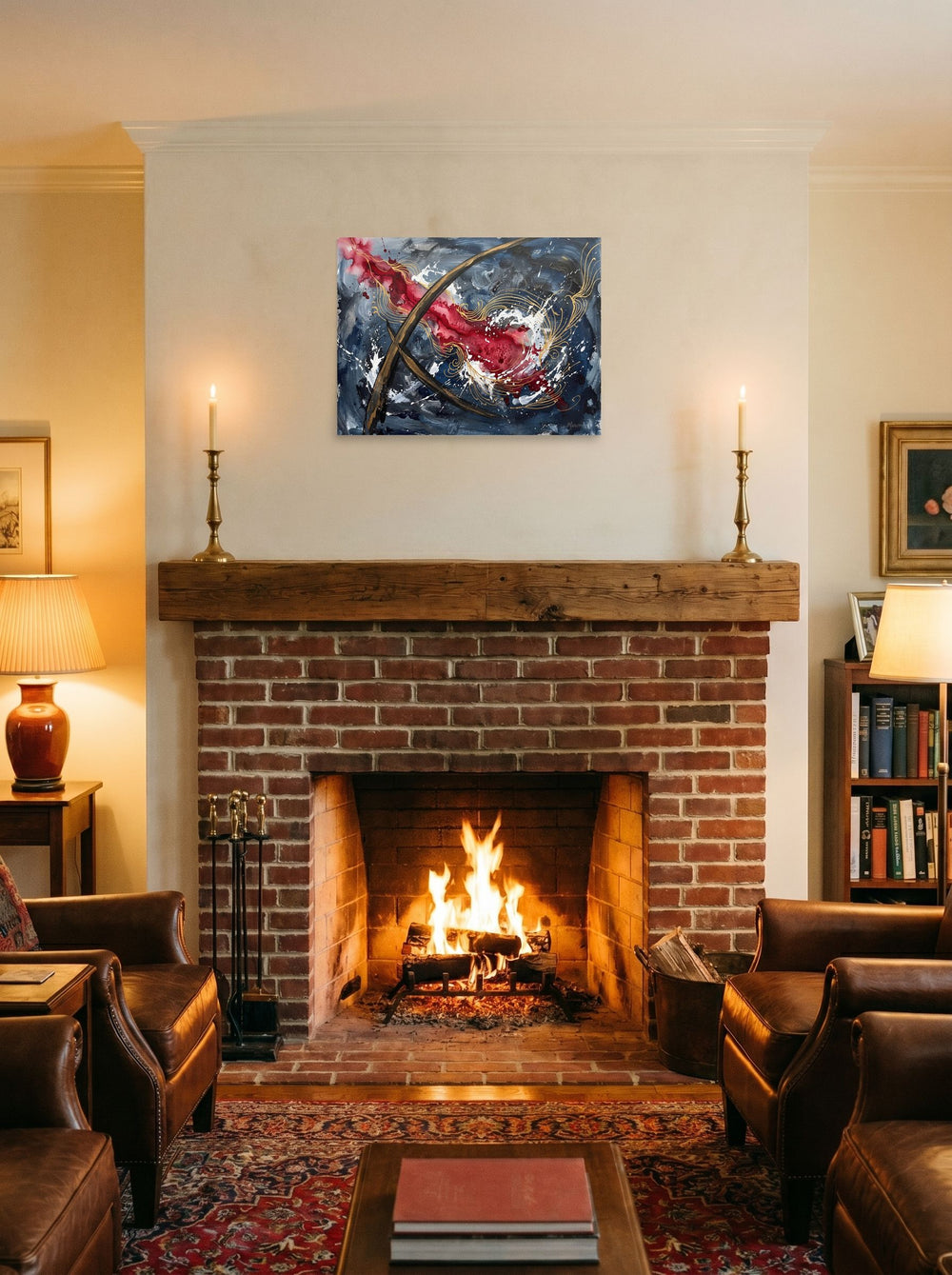 A unframed paper print of the Abstract expressionism artwork 'Crimson Arcs & Slate Echoes', hung over a fireplace as a focal point.