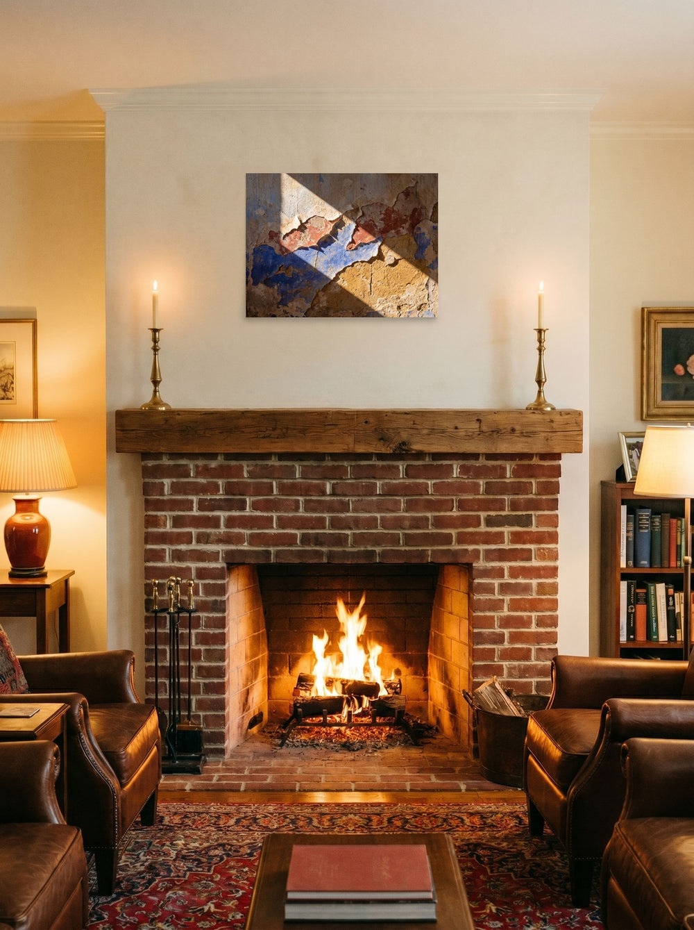A 24x18 inch unframed paper Art photography print of 'Palimpsest in Sunlight' displayed above a fireplace.