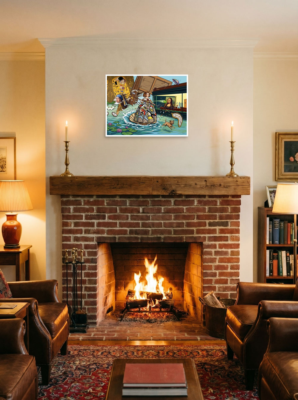 A unframed paper print of the Pop art artwork 'Art History Collision', displayed above a fireplace.