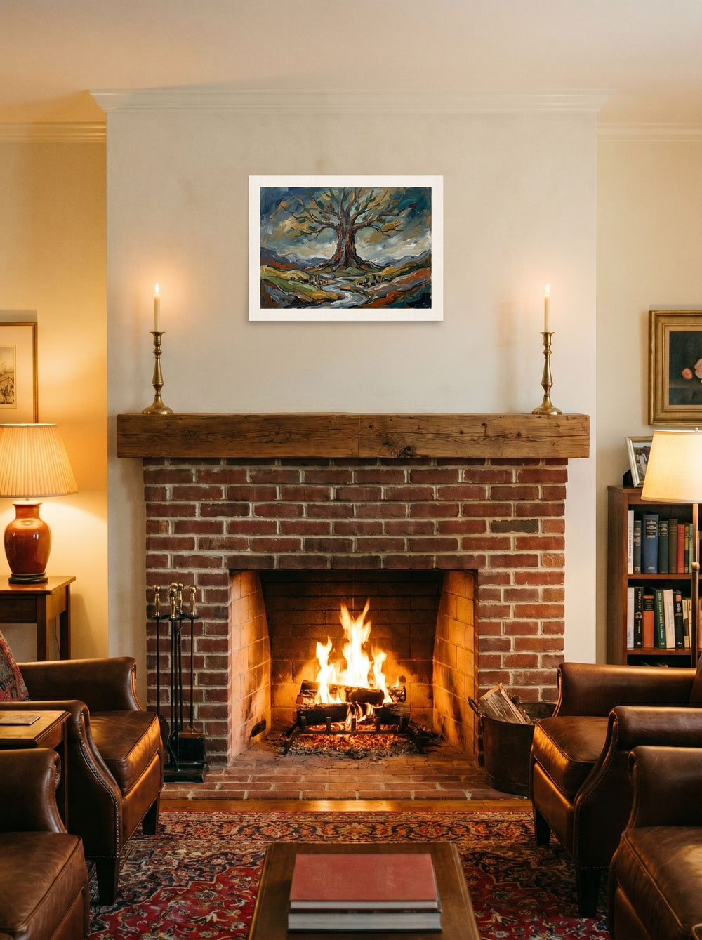 unframed paper wall art 'Roots of Yggdrasil' displayed above a fireplace, at 24x18 inch.