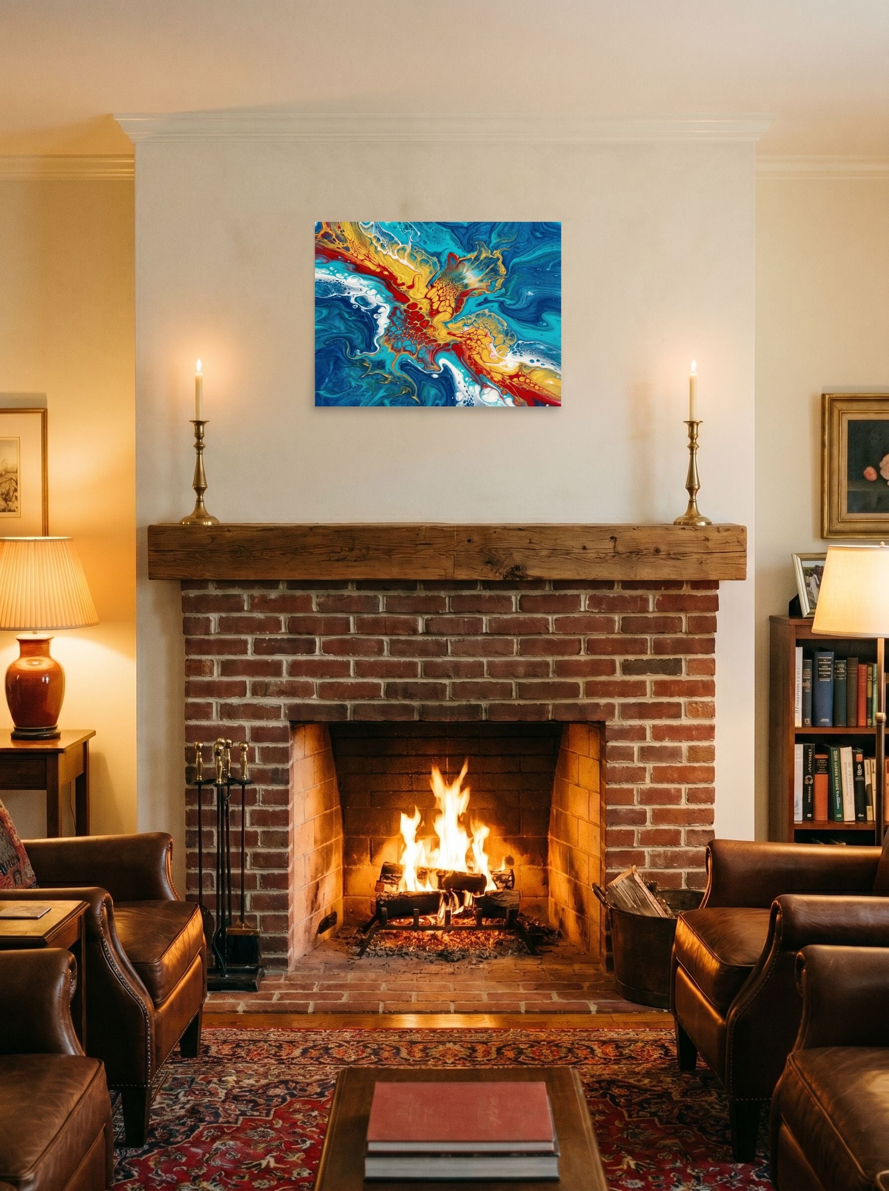 A 24x18 inch unframed paper Abstract art print of 'Crimson Splash' displayed above a fireplace.