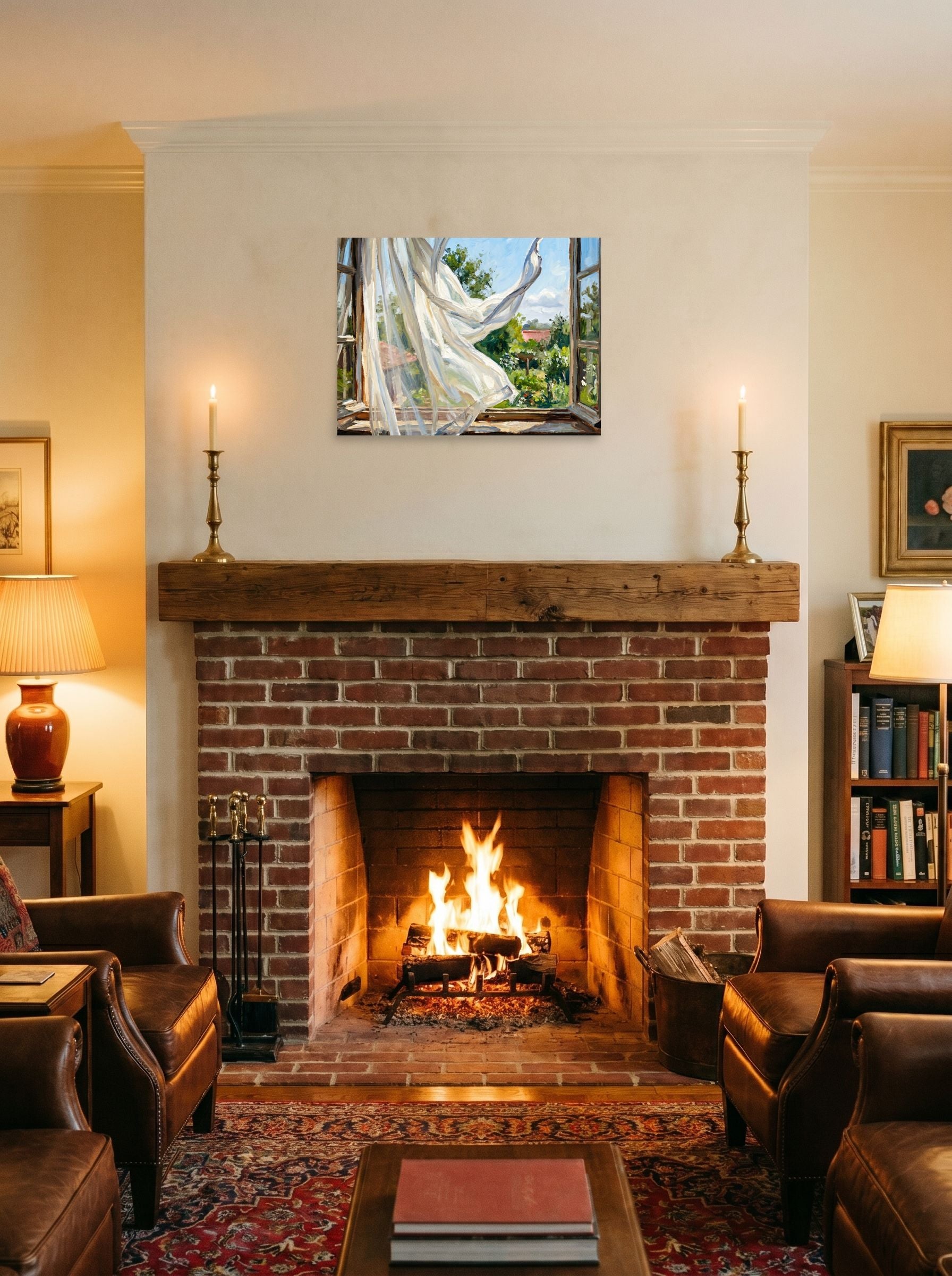 A 24x18 inch unframed paper Impressionism,Plein Air print of 'The Open Window' displayed above a fireplace.