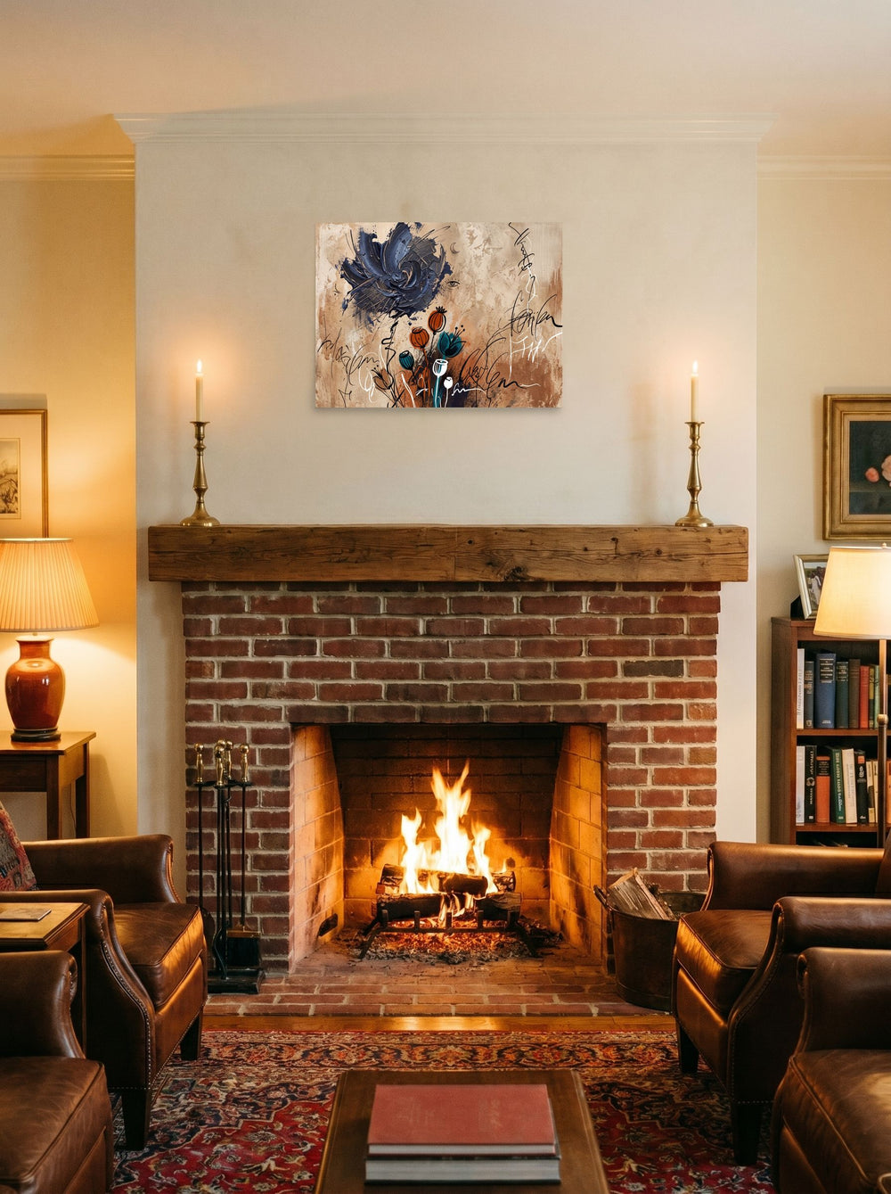 'Nocturnal Blossom' displayed above a fireplace, printed as unframed paper at 24x18 inch.