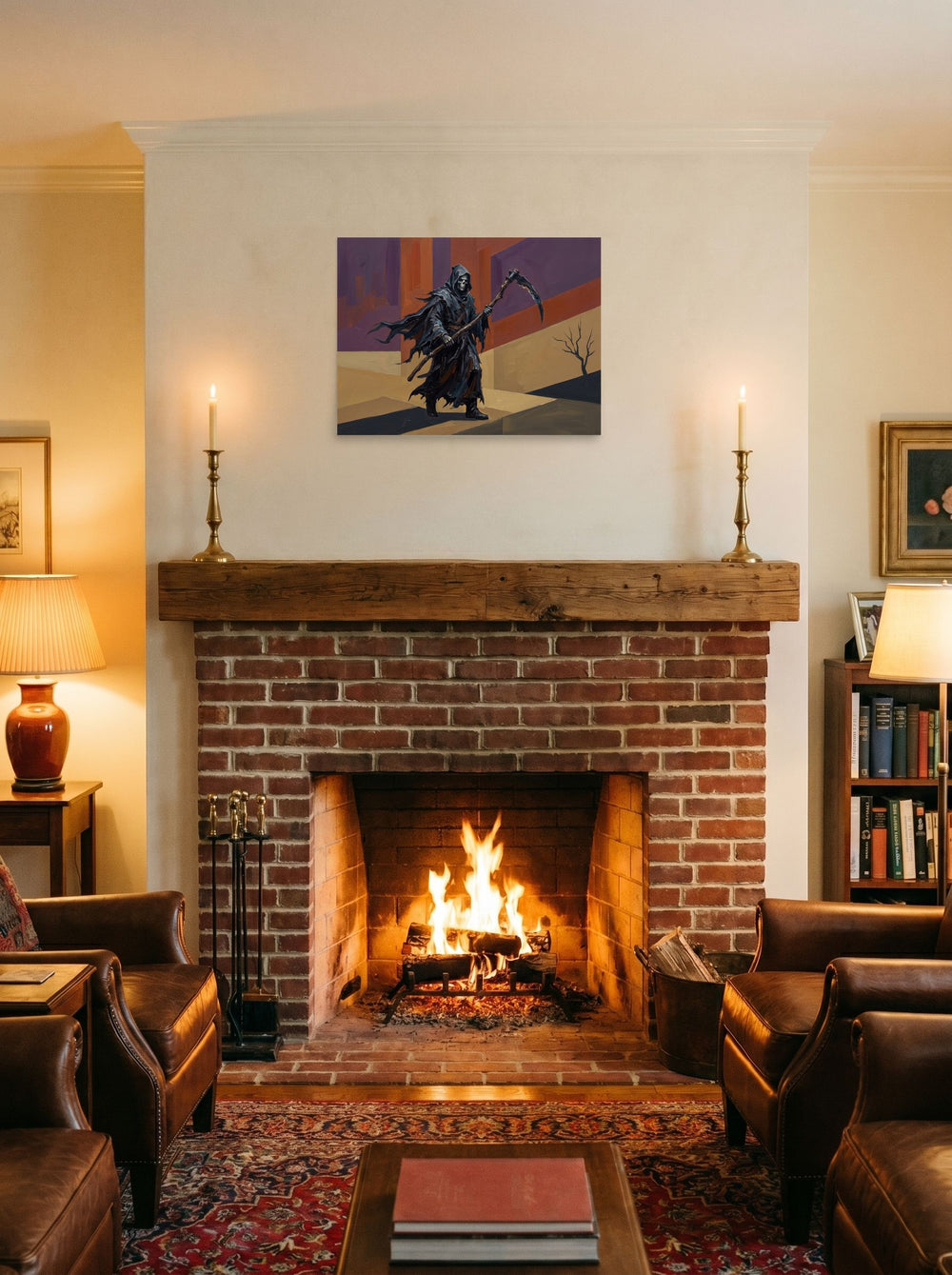 Mockup of 'Passage of the Reaper' as a 24x18 inch unframed paper print, displayed above a fireplace.