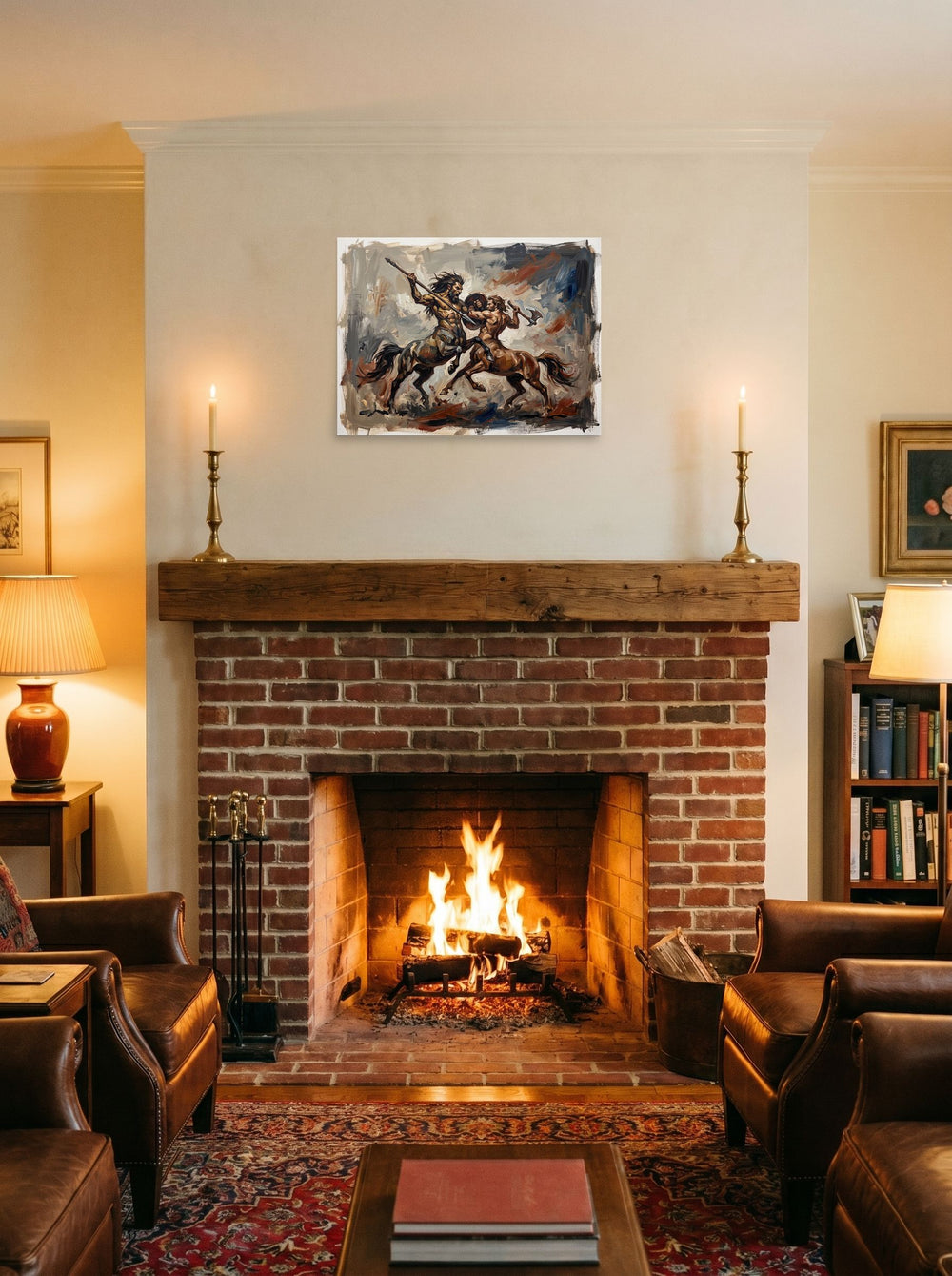 Expressionism wall art 'Clash of the Centaurs', unframed paper at 24x18 inch, hung over a fireplace as a focal point.