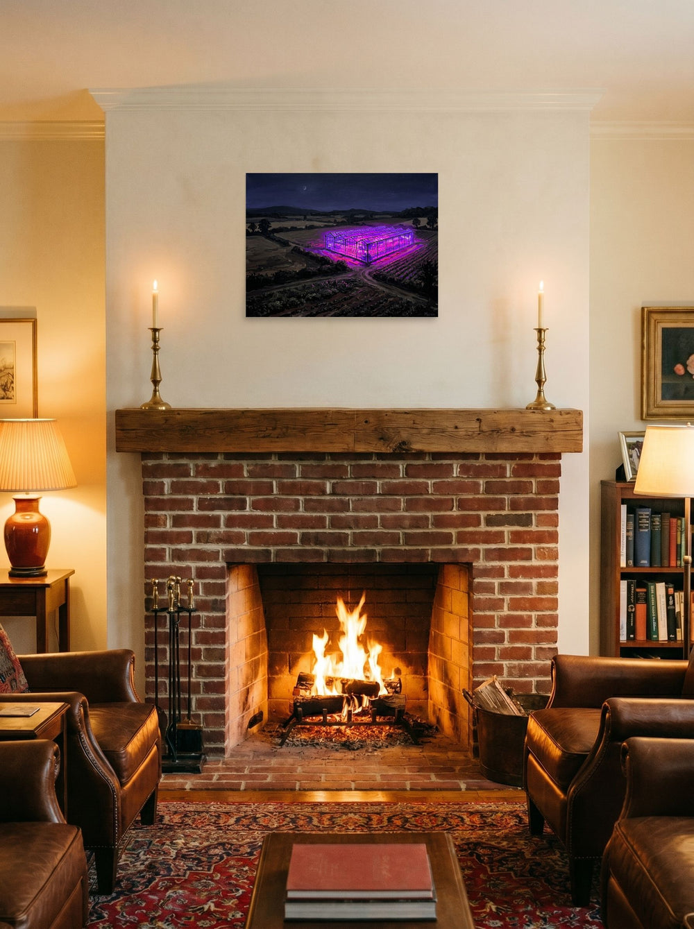 A 24x18 inch unframed paper Magic realism,Impressionism print of 'Midnight Purple Harvest' displayed above a fireplace.