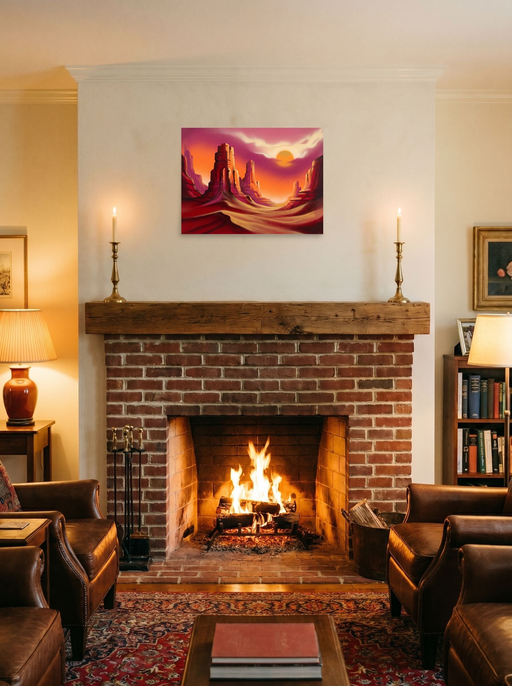 A 24x18 inch unframed paper Realism print of 'Crimson Canyons' displayed above a fireplace.
