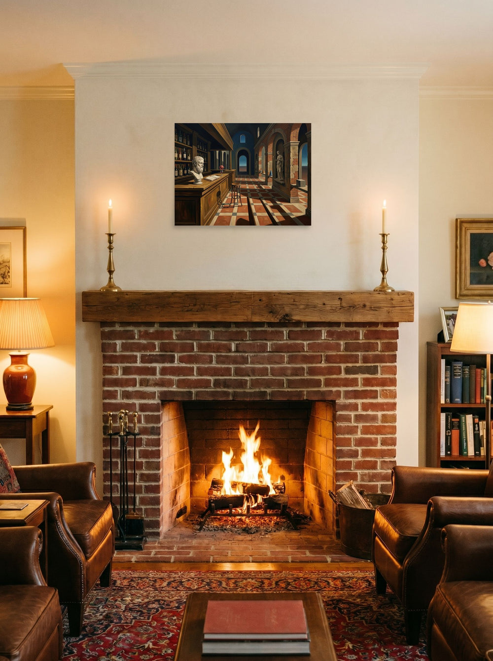A 24x18 inch unframed paper Metaphysical painting print of 'The Philosopher's Tavern' displayed above a fireplace.
