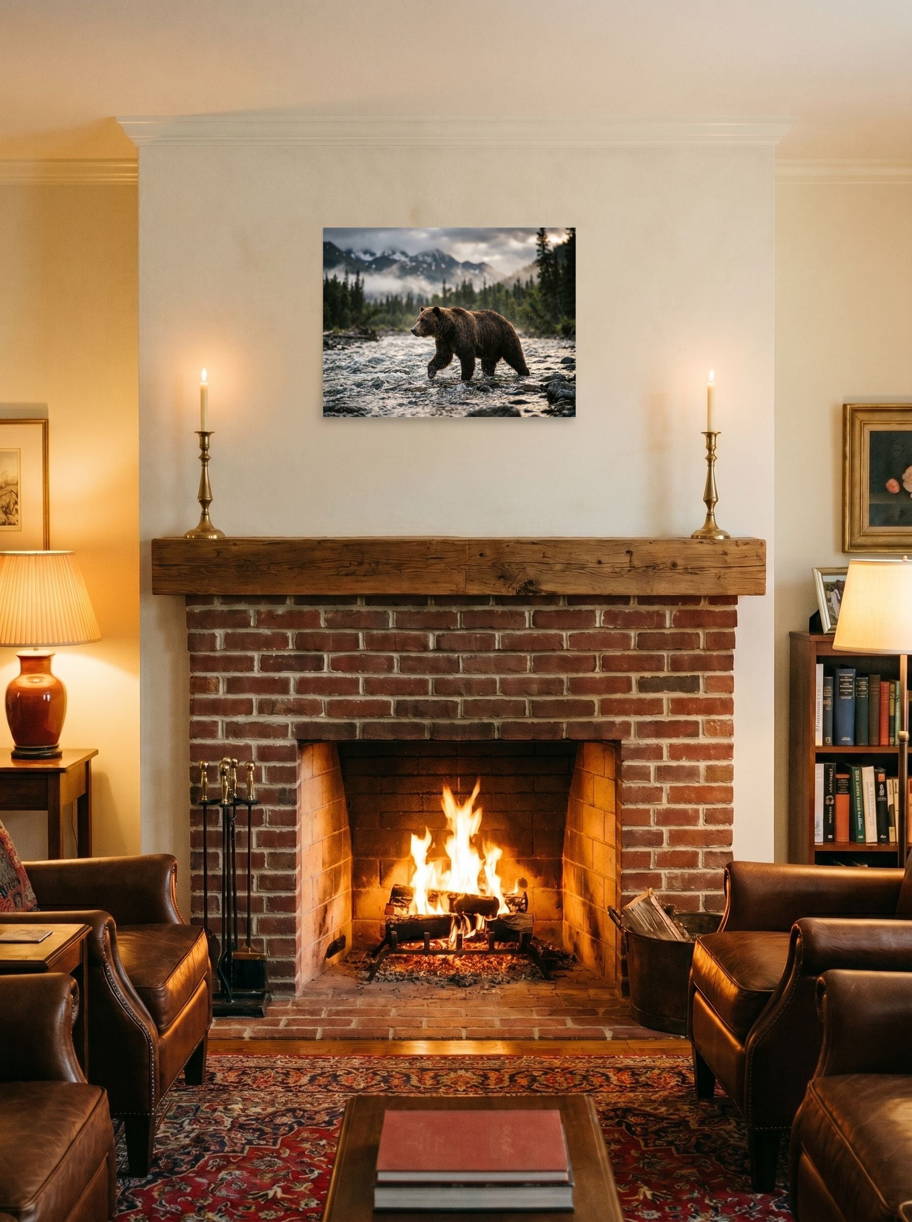 A 24x18 inch unframed paper Art photography print of 'River Crossing' displayed above a fireplace.