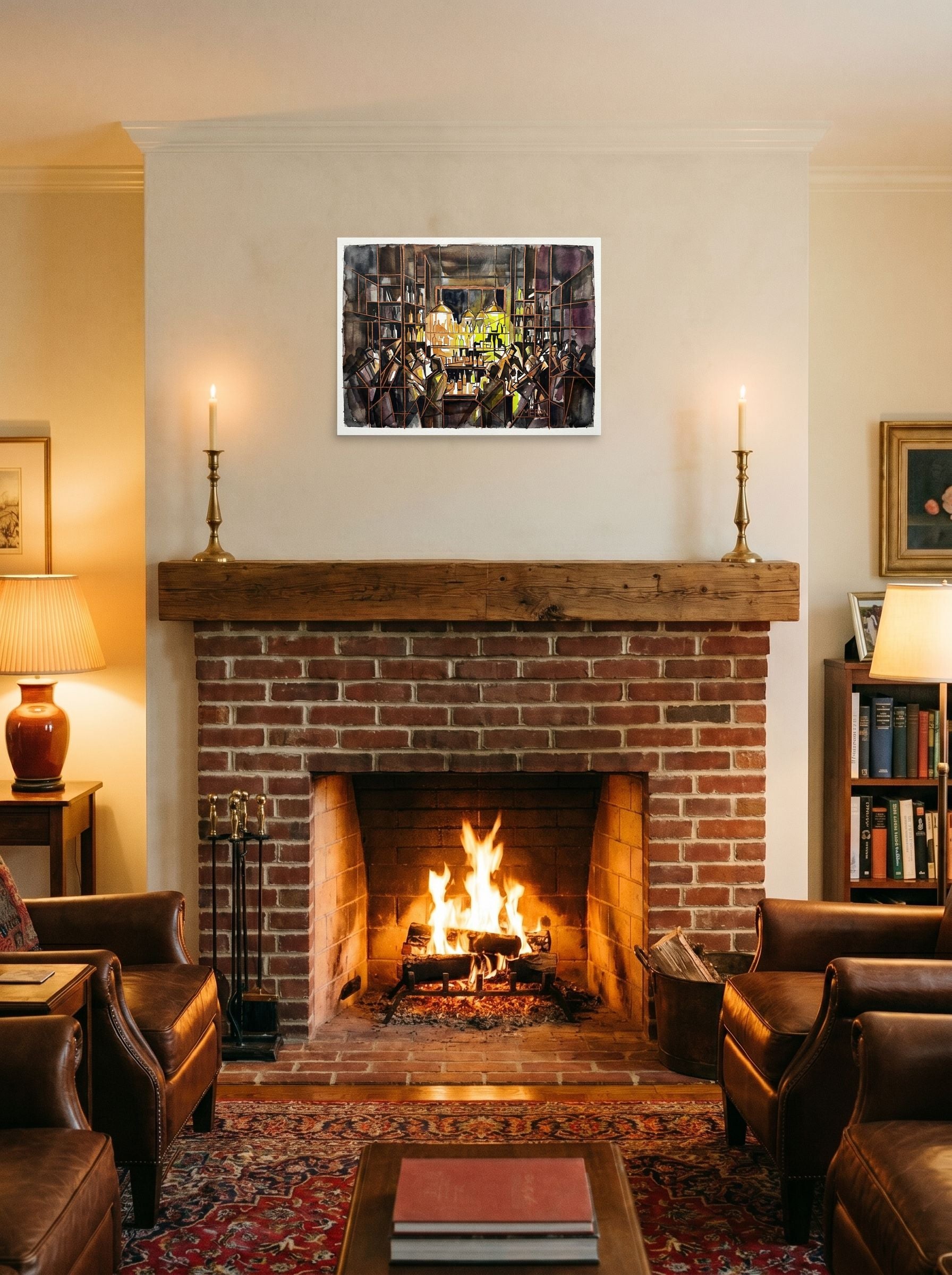 A 24x18 inch unframed paper Cubism print of 'The Bar at Midnight' displayed above a fireplace.