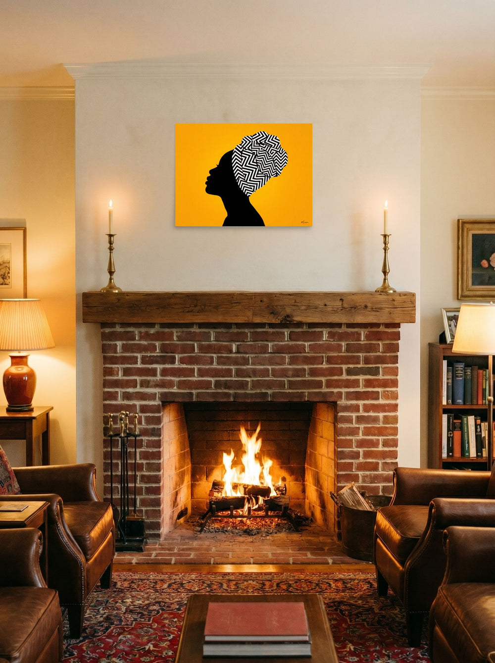 A 24x18 inch unframed paper Afrofuturism,Pop art print of 'Geometric Crown' displayed above a fireplace.