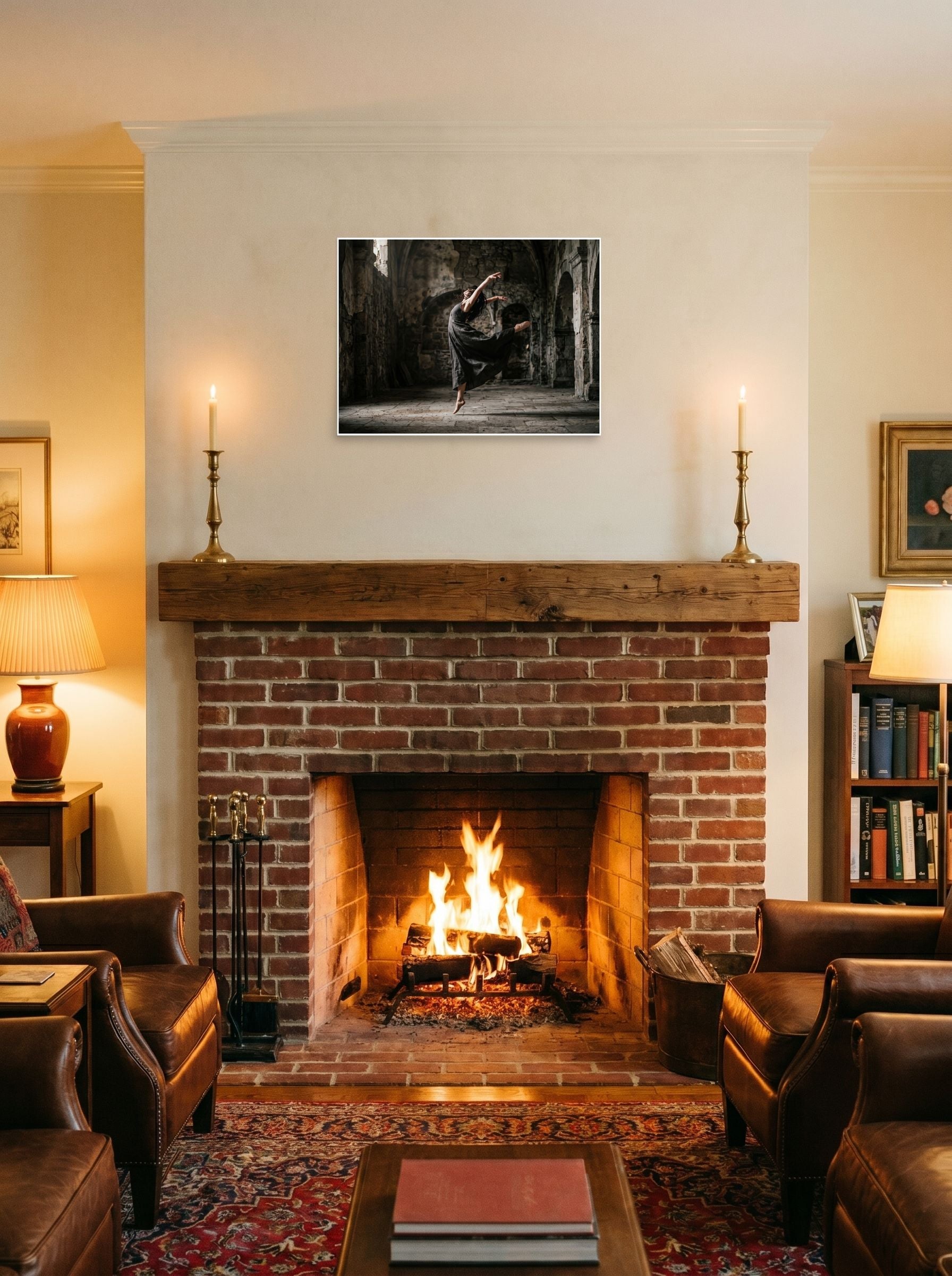 A 24x18 inch unframed paper Art photography print of 'Grace in the Ruins' displayed above a fireplace.