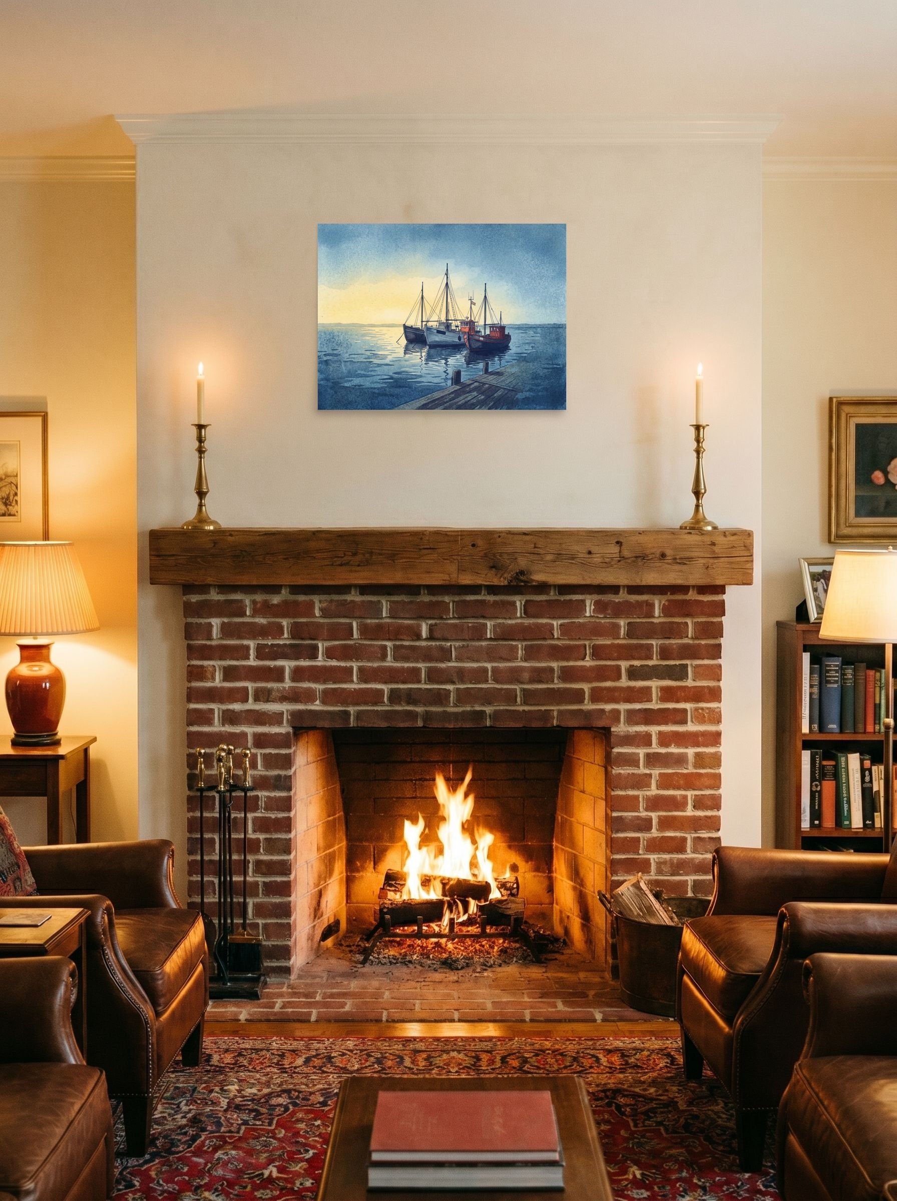 A 24x18 inch unframed paper Impressionism print of 'Harbor Rest' displayed above a fireplace.