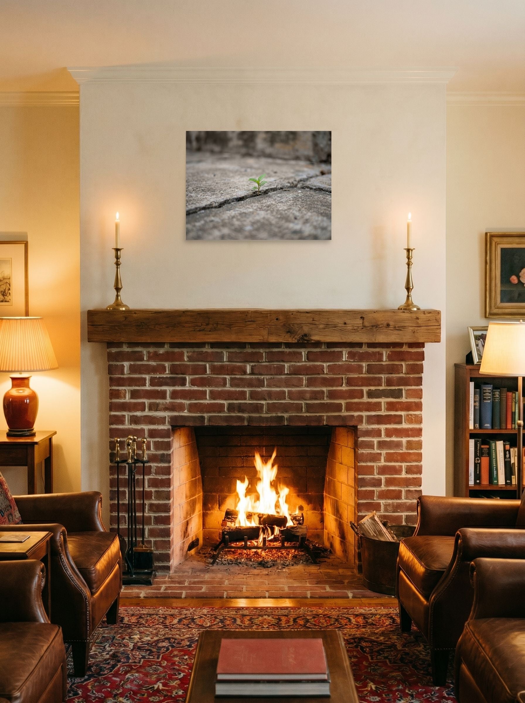 A 24x18 inch unframed paper Art photography print of 'Concrete Resilience' displayed above a fireplace.