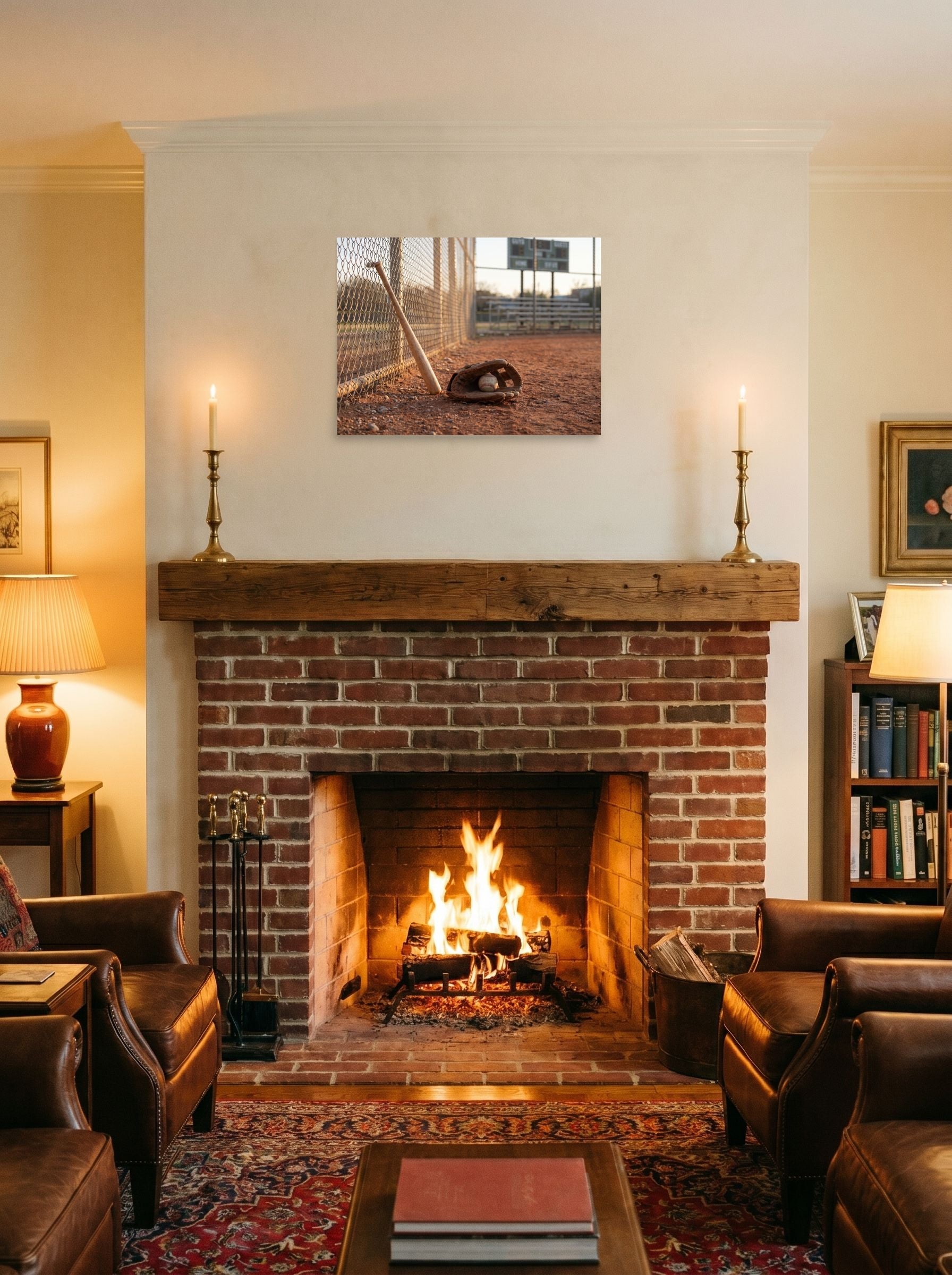 A 24x18 inch unframed paper Art photography print of 'Field of Memories' displayed above a fireplace.