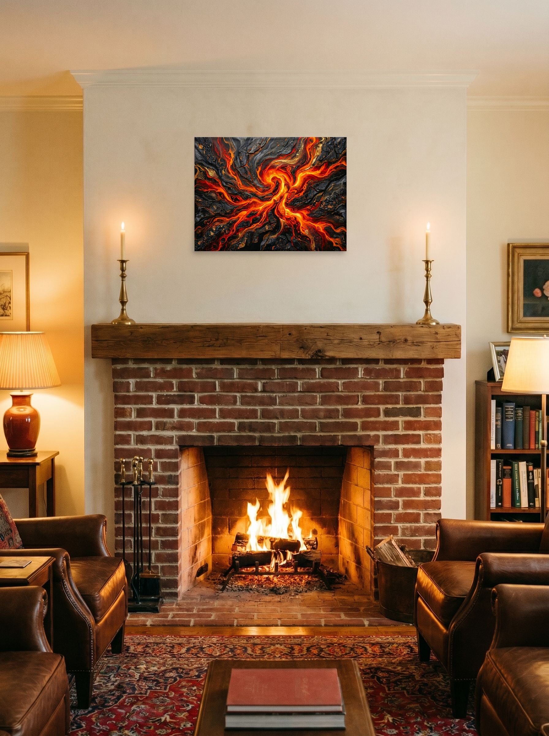 A 24x18 inch unframed paper Abstract art print of 'Molten Core' displayed above a fireplace.