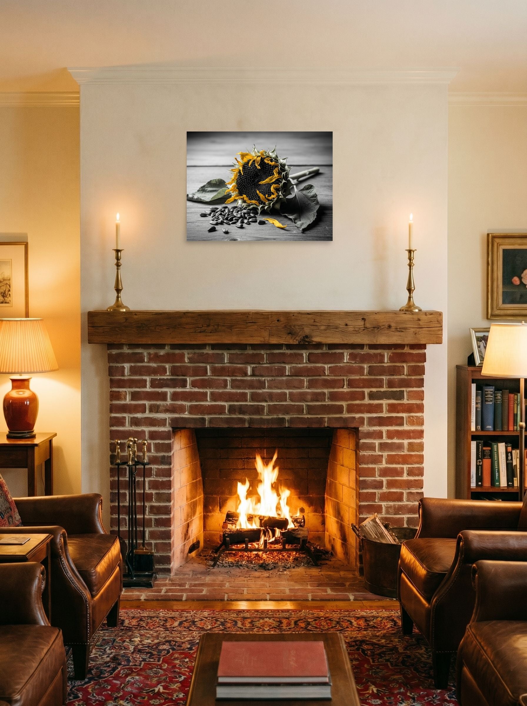 A 24x18 inch unframed paper Art photography print of 'Harvest Echoes' displayed above a fireplace.