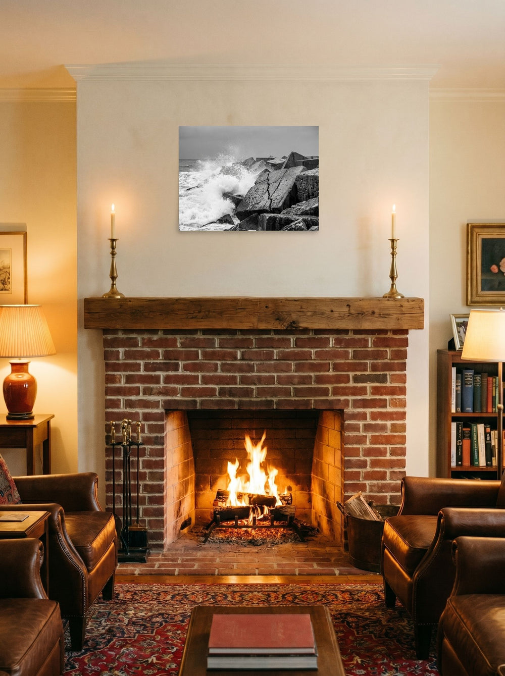 A 24x18 inch unframed paper Art photography print of 'Breakwater Surge' displayed above a fireplace.