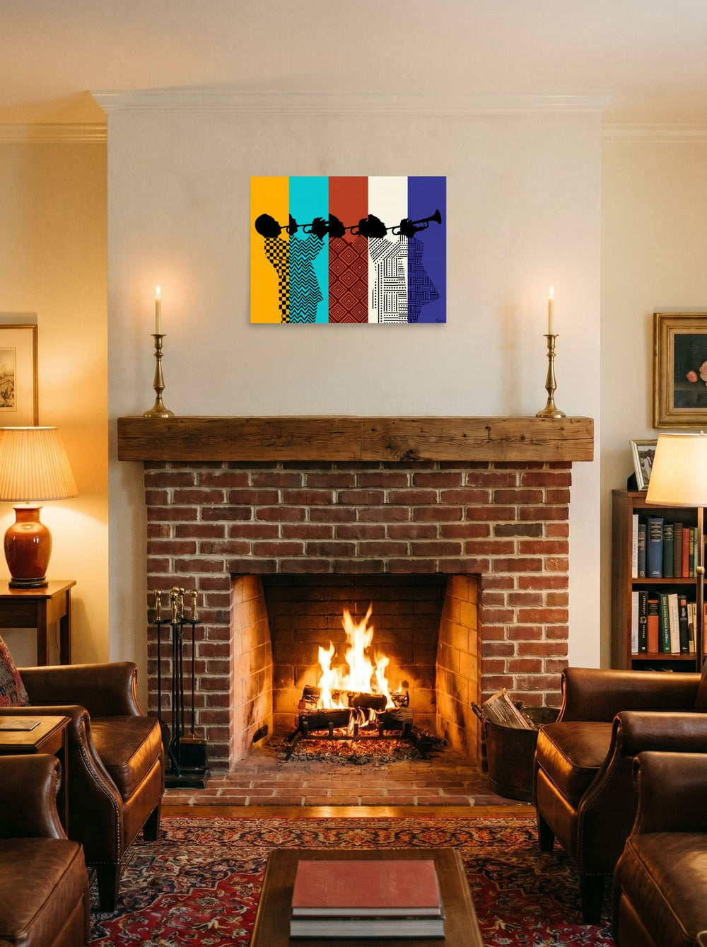A 24x18 inch unframed paper Harlem Renaissance,Pop art print of 'Polyphonic Rhythm' displayed above a fireplace.