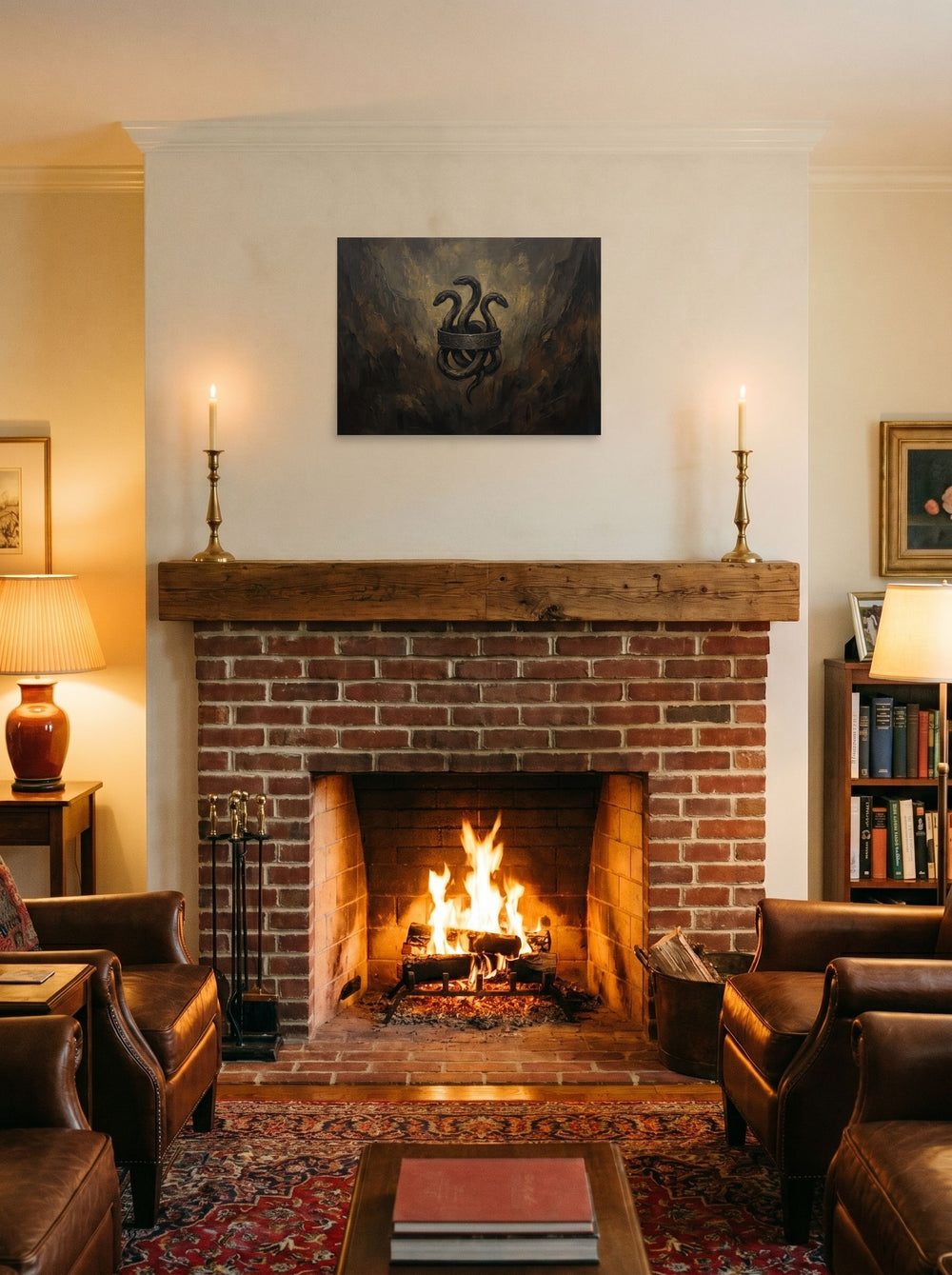 'Emblem of the Hydra' in 24x18 inch unframed paper, styled on a mantel above a fireplace.