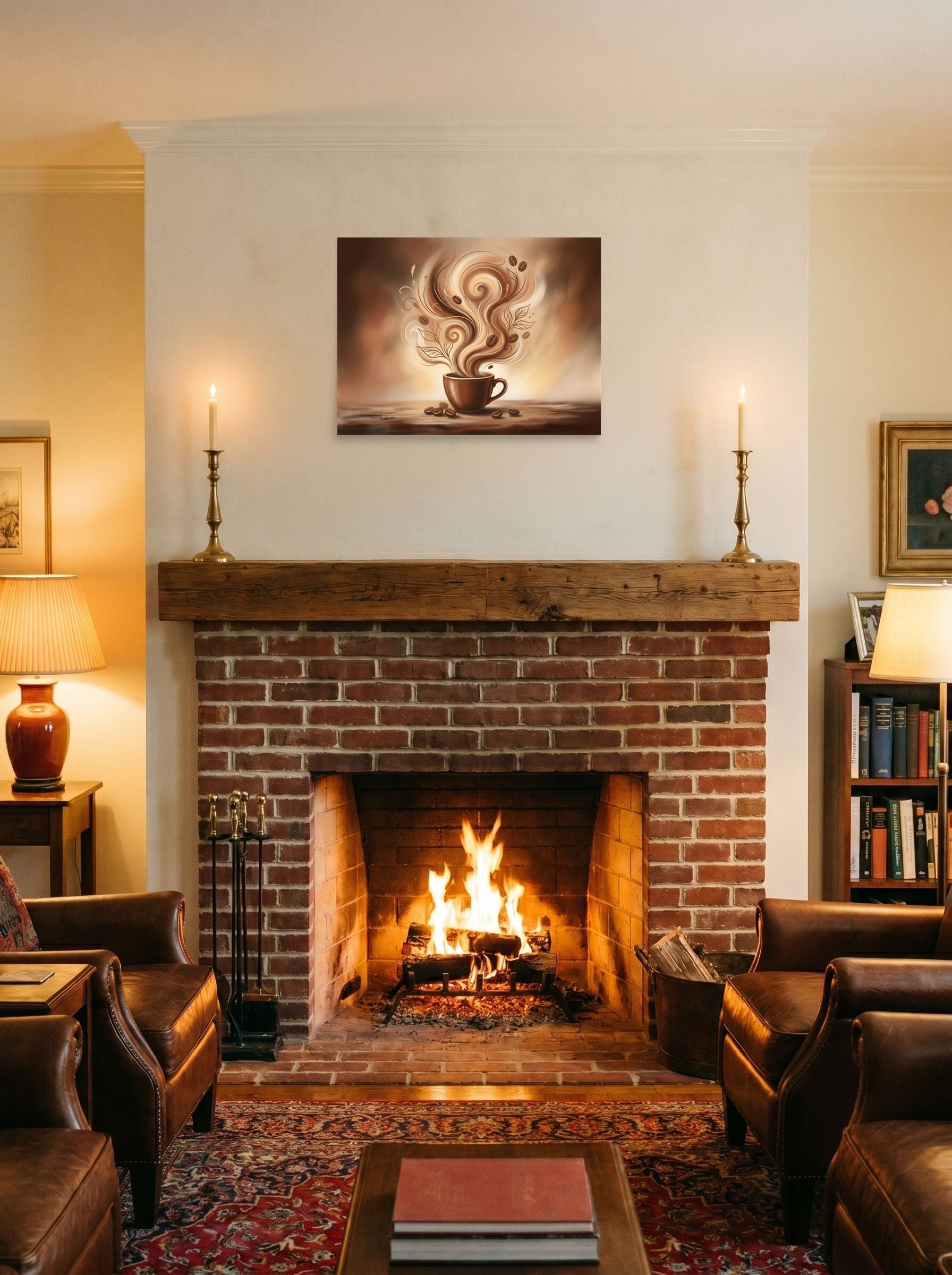 A 24x18 inch unframed paper Modernism print of 'Morning Swirl' displayed above a fireplace.