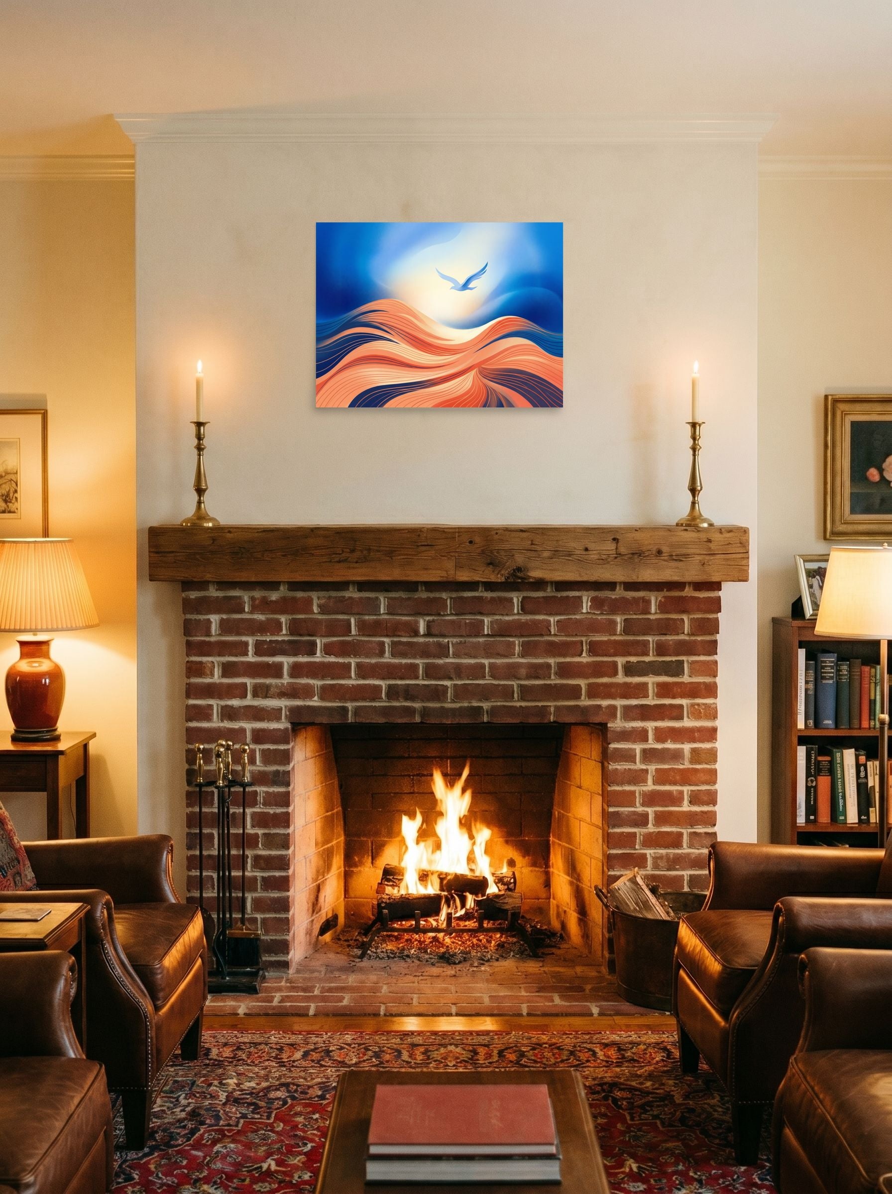 A 24x18 inch unframed paper Abstract art print of 'Flight Over the Dunes' displayed above a fireplace.