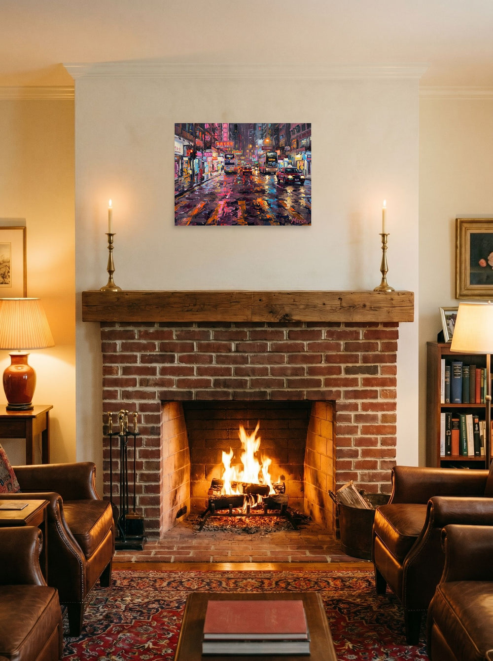 A 24x18 inch unframed paper Impressionism print of 'Neon Night Reflections' displayed above a fireplace.