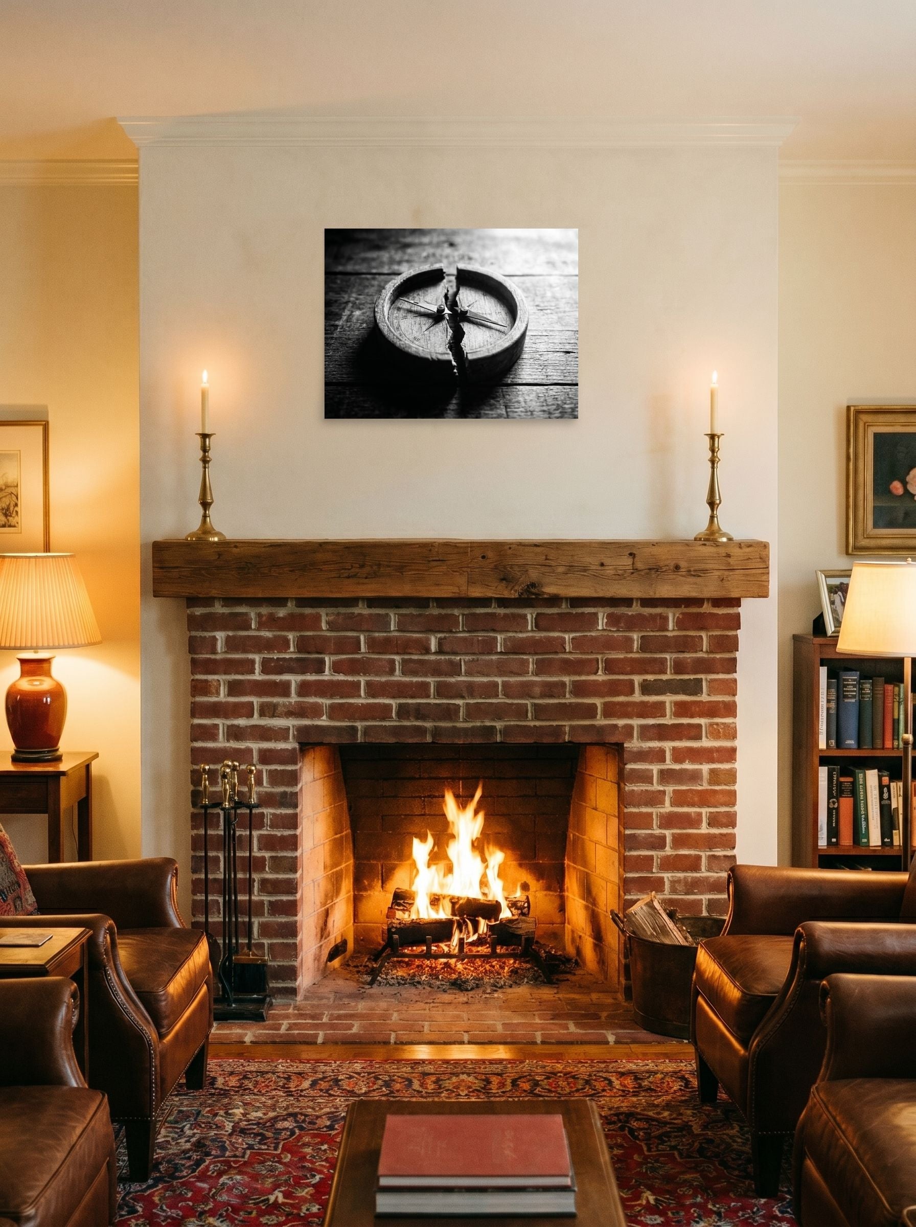 A 24x18 inch unframed paper Art photography print of 'Lost Direction' displayed above a fireplace.