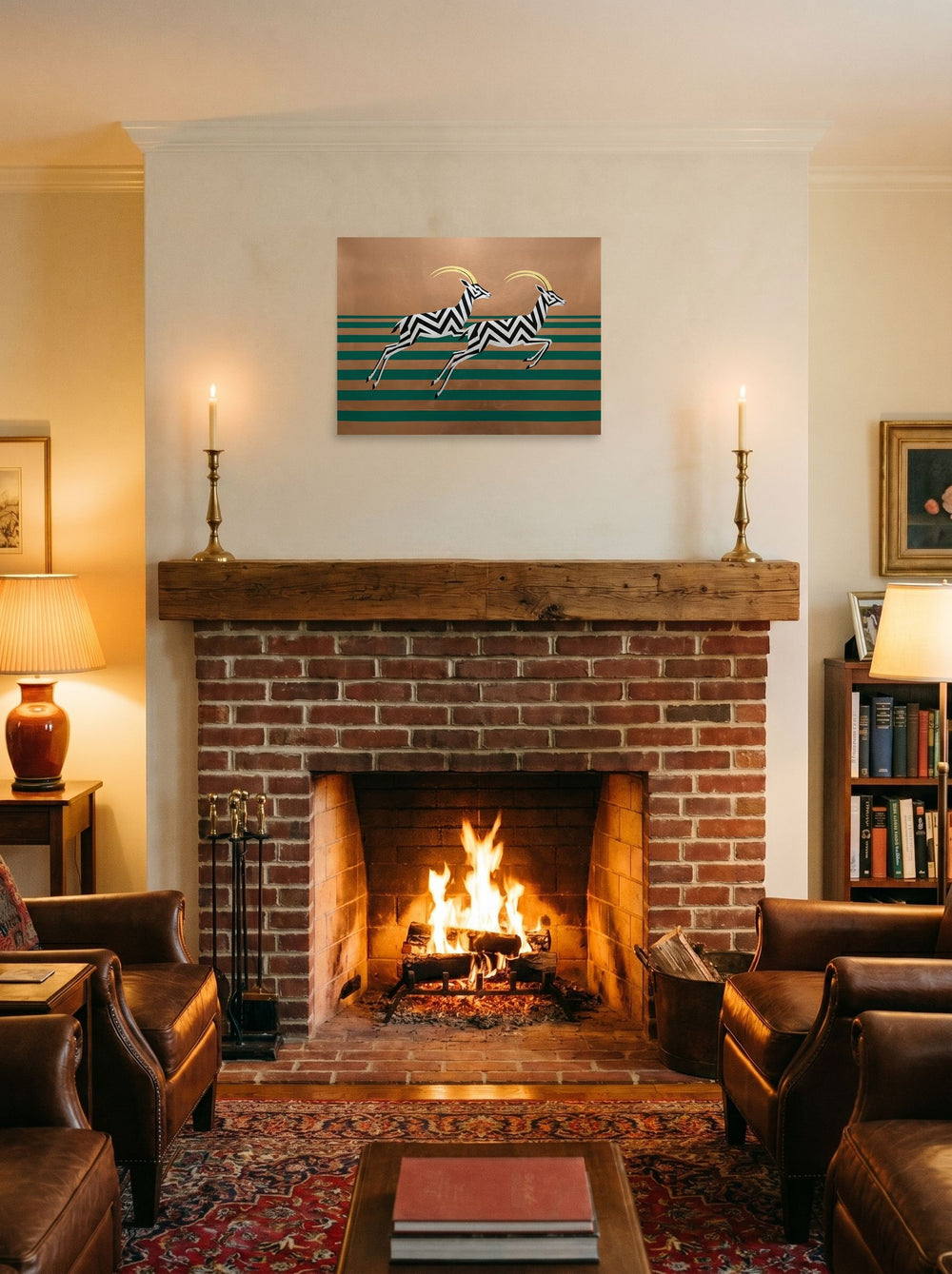 A 24x18 inch unframed paper Art Deco print of 'Golden Gazelles' displayed above a fireplace.