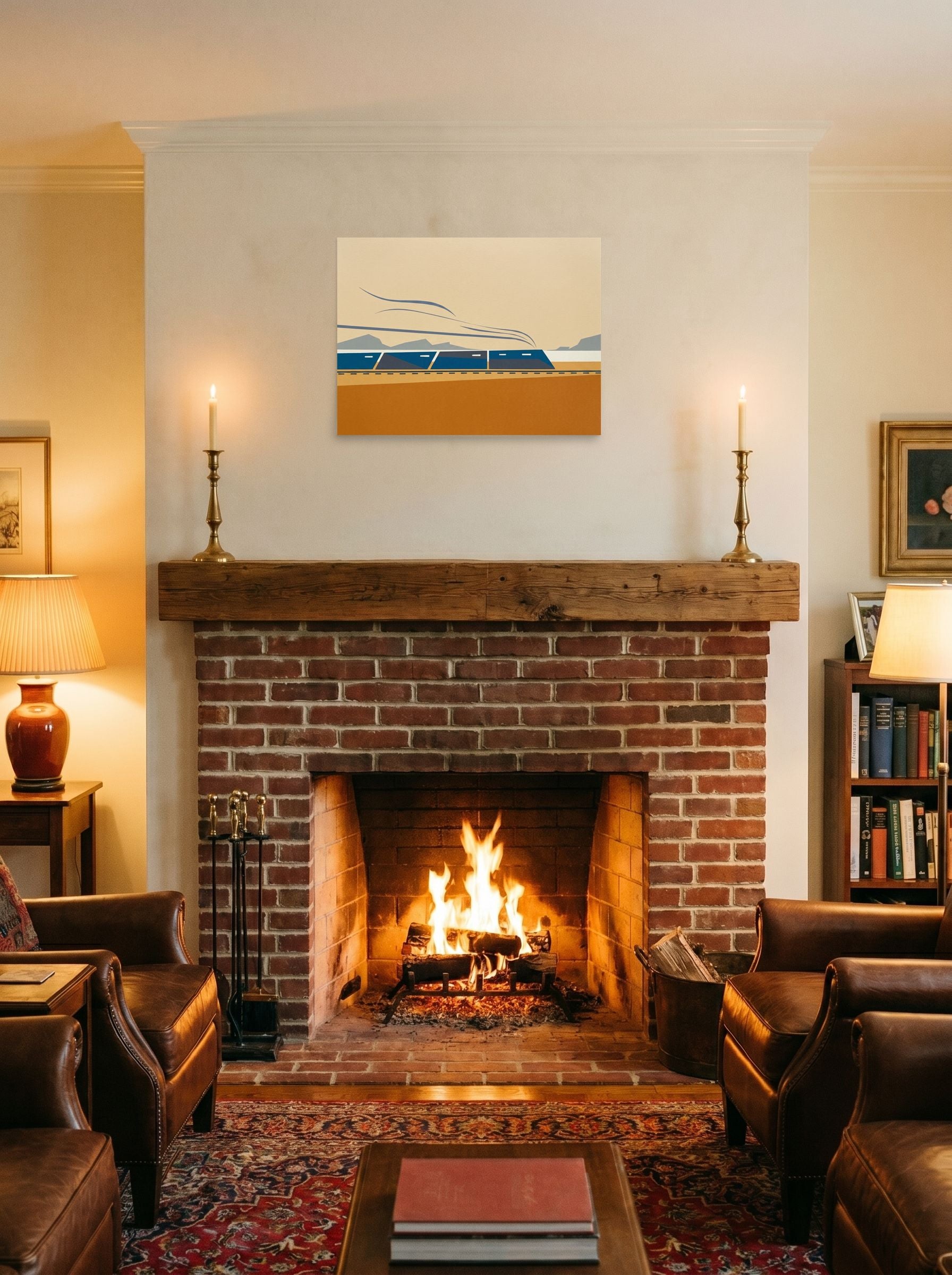 A 24x18 inch unframed paper Minimalism print of 'The Coastal Express' displayed above a fireplace.