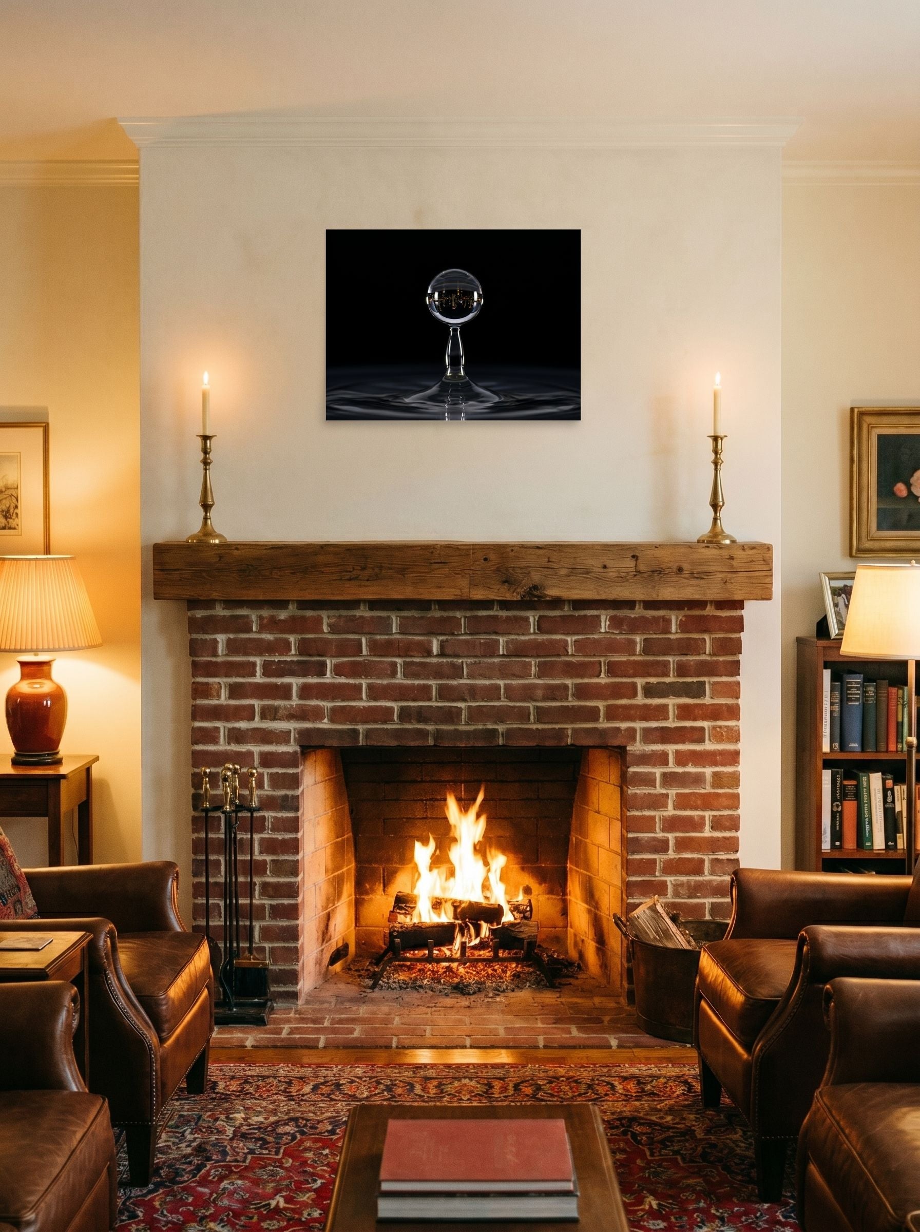 A 24x18 inch unframed paper Surrealism print of 'City in a Drop' displayed above a fireplace.