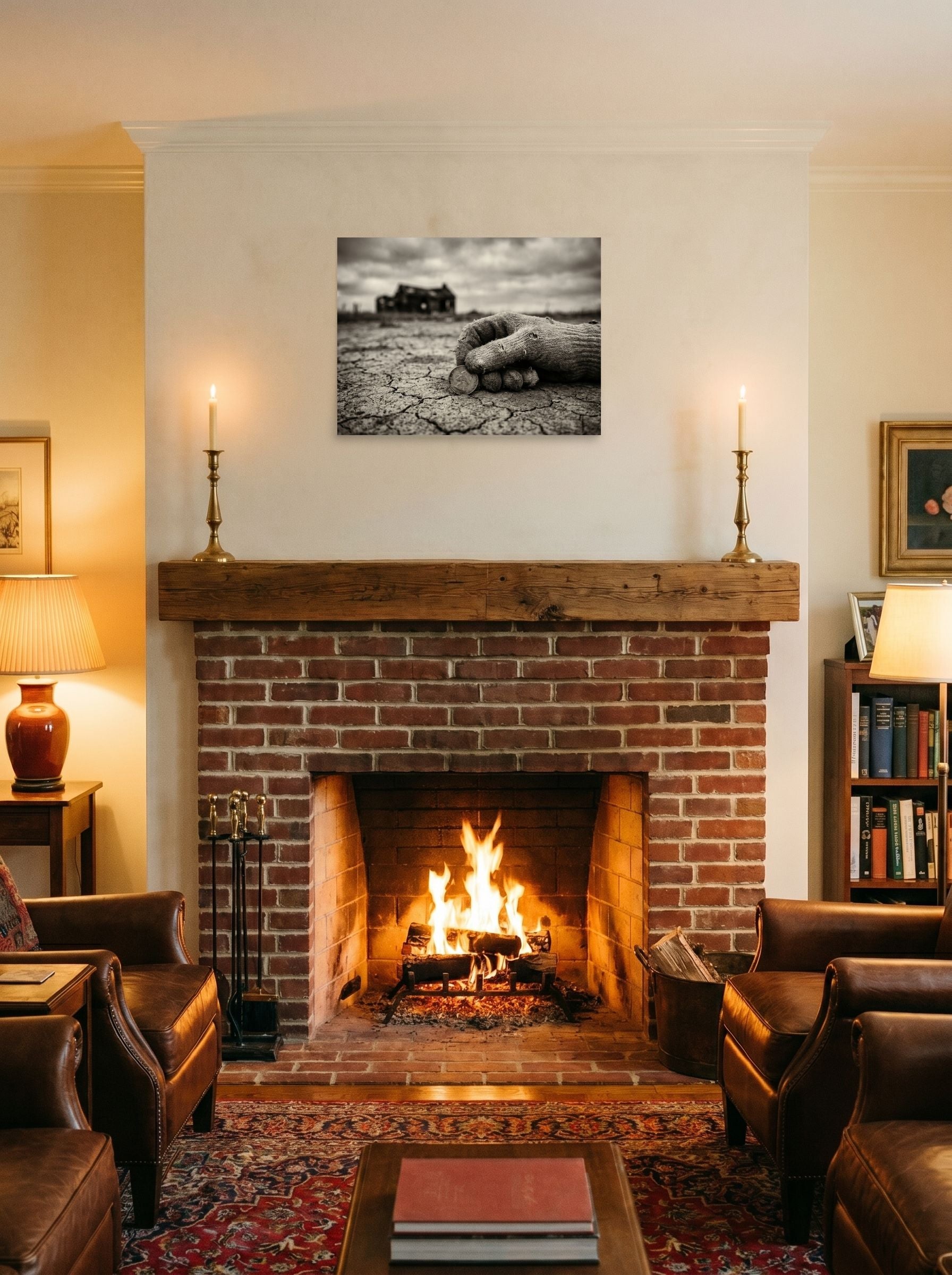 A 24x18 inch unframed paper American realism print of 'The Last Coin' displayed above a fireplace.