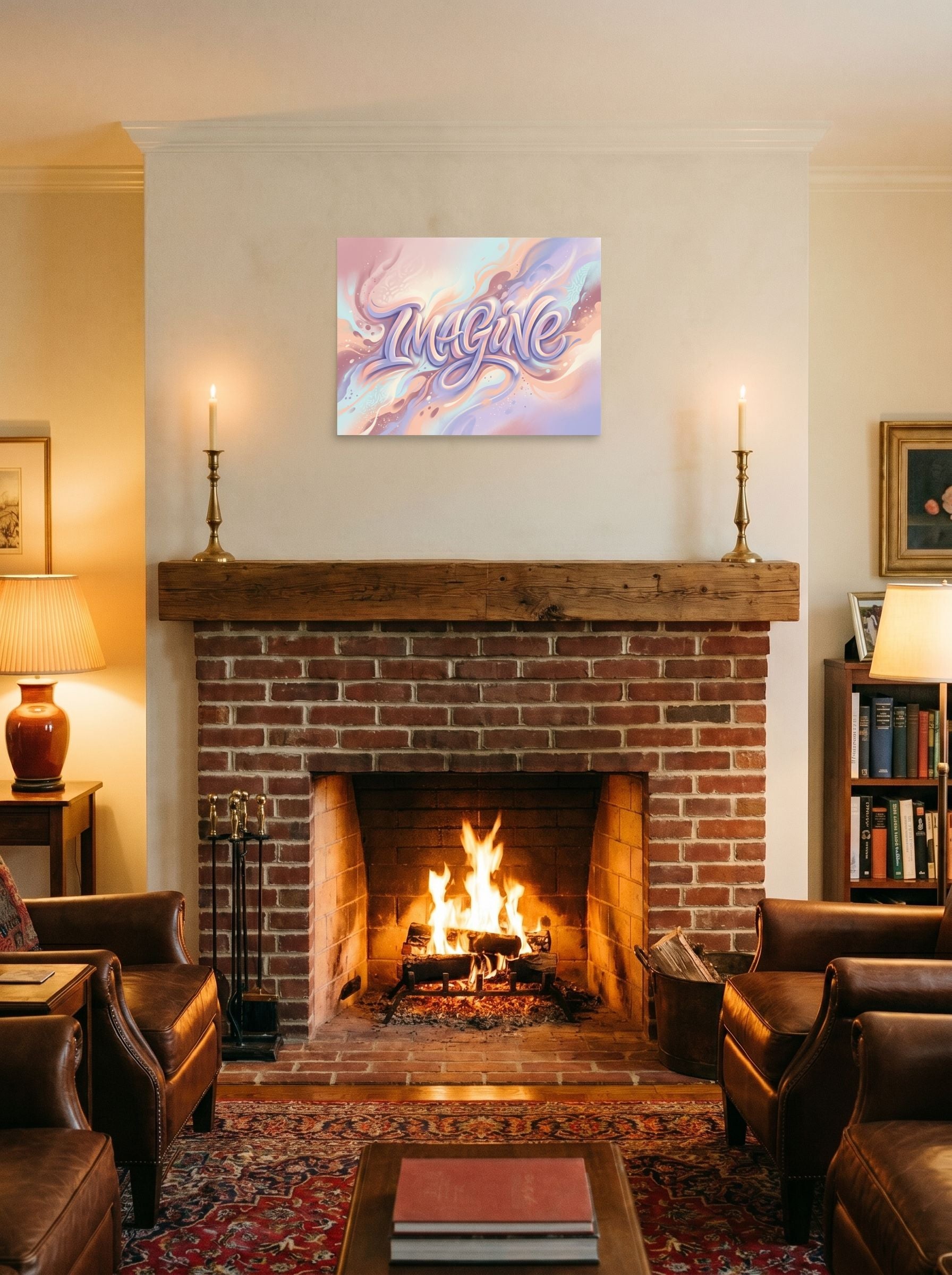 A 24x18 inch unframed paper Pop art,Abstract art print of 'Dreamer's Imagine' displayed above a fireplace.