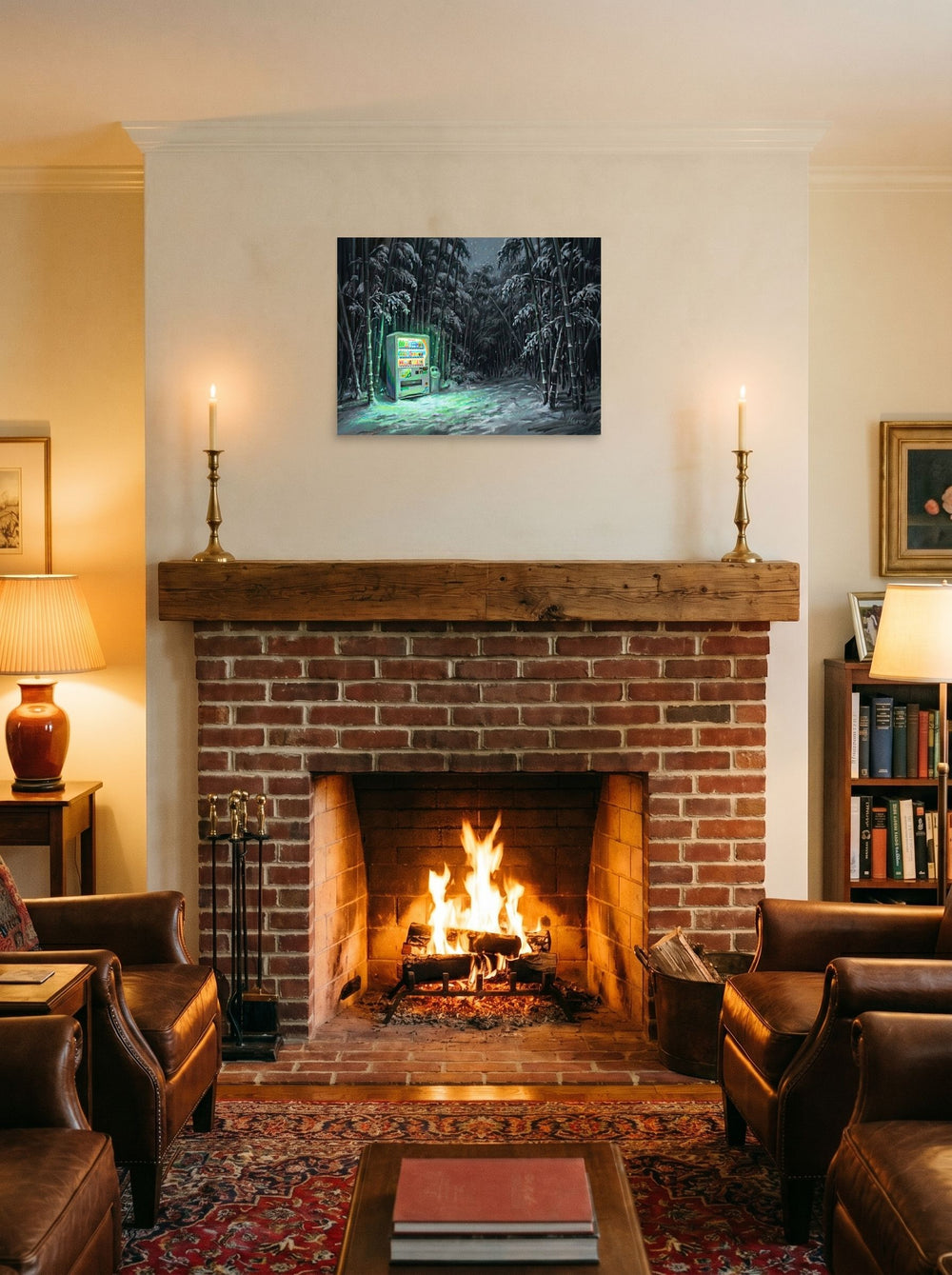 A 24x18 inch unframed paper Magic realism print of 'Midnight Glow in the Grove' displayed above a fireplace.