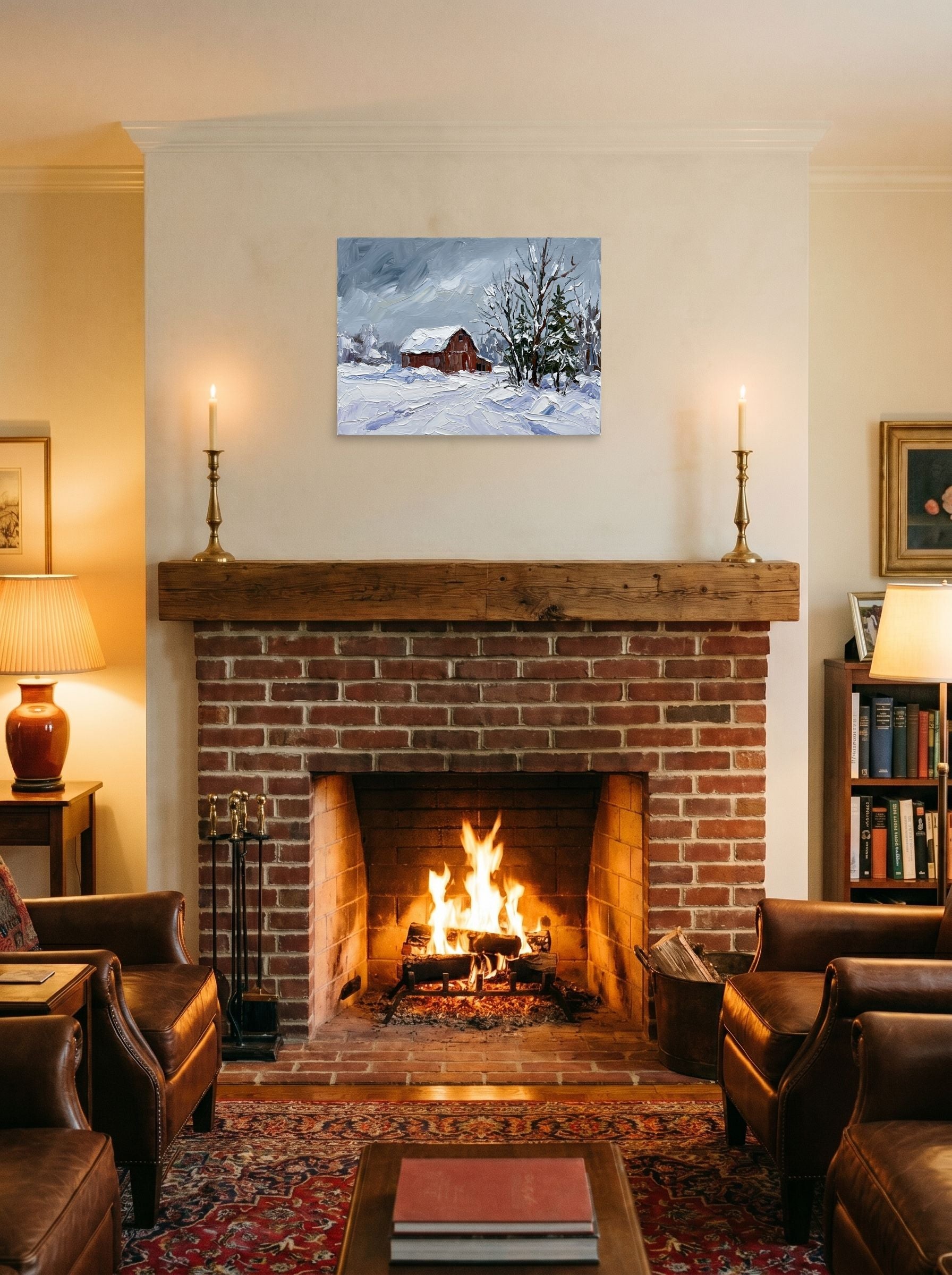 A 24x18 inch unframed paper Impressionism print of 'Winter at the Red Barn' displayed above a fireplace.