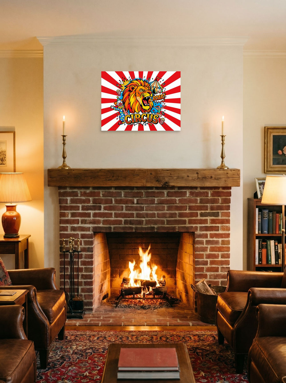 A 24x18 inch unframed paper Pop art print of 'Roar of the Circus' displayed above a fireplace.