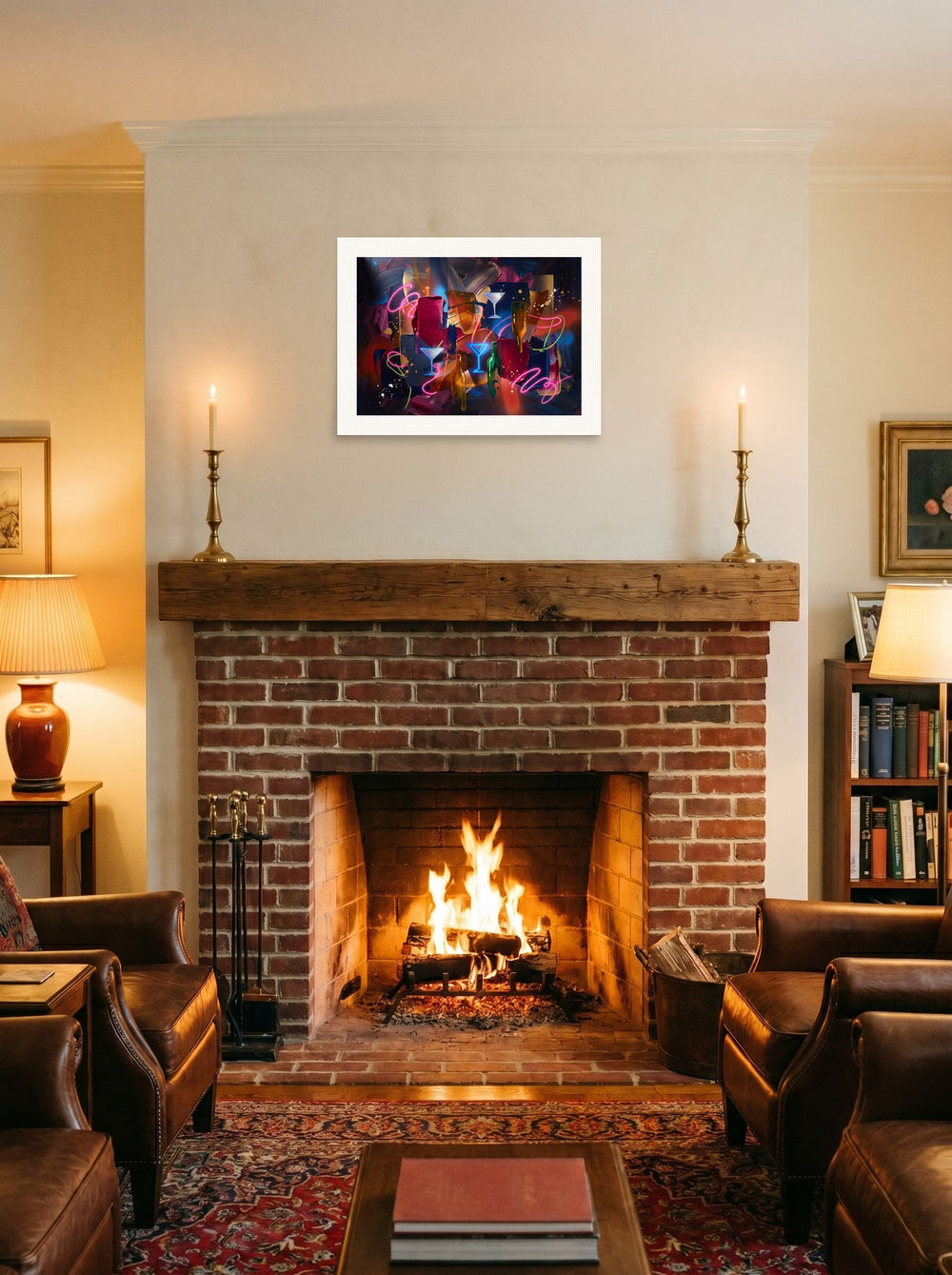 See 'Midnight Lounge Impasto' as a unframed paper print (24x18 inch), hung over a fireplace as a focal point.